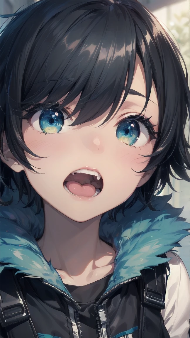 Close-up of a cartoon girl with blue hair and a yellow shirt, 2D Animation, 2D Animation style, 2D Art, 2D Art, 2D from Gorillaz, 2D from Gorillaz, 2D Gorillaz, Screaming Cerket, 2D Sprites, Jinx Face, short hair, Small breasts, hot pants, ((Black Hair, Bright blue fur inside:1.4))
