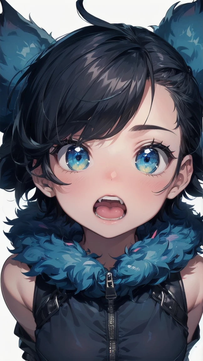 Close-up of a cartoon girl with blue hair and a yellow shirt, 2D Animation, 2D Animation style, 2D Art, 2D Art, 2D from Gorillaz, 2D from Gorillaz, 2D Gorillaz, Screaming Cerket, 2D Sprites, Jinx Face, short hair, Small breasts, hot pants, ((Black Hair, Bright blue fur inside:1.4))