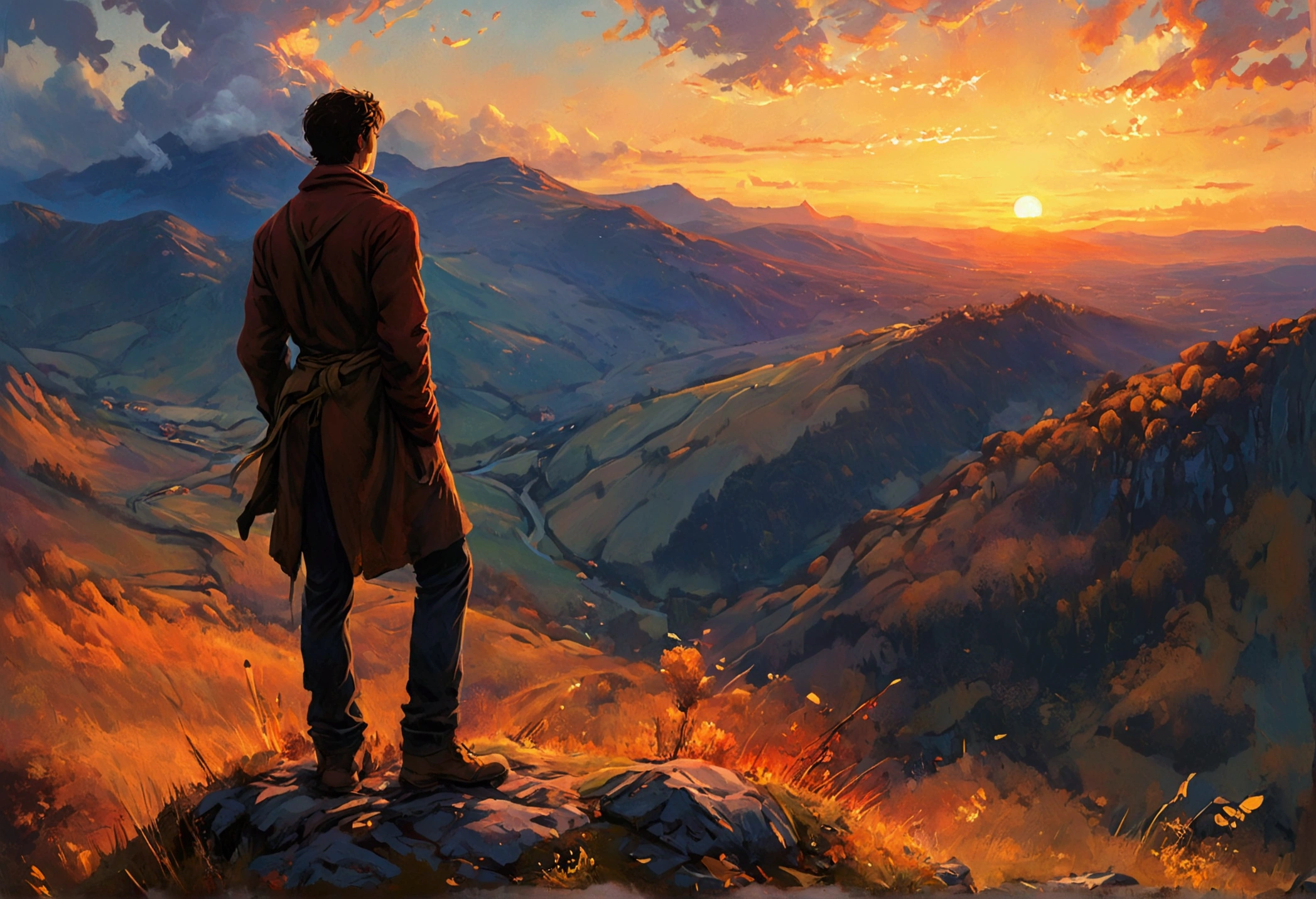 Painting a man standing on a mountain overlooking the valley, inspired by Jakub Schikaneder, Twilight ; Digital painting, Inspired by RHADS, Twilight ; digital oil painting, inspired by Alena Aenami, matte digital painting, Desolate. Digital illustration, Artistic. Alena Ainami, art by Alena Aenami, Beautiful backs on the horizon, A profound sense of space、sunset illustration