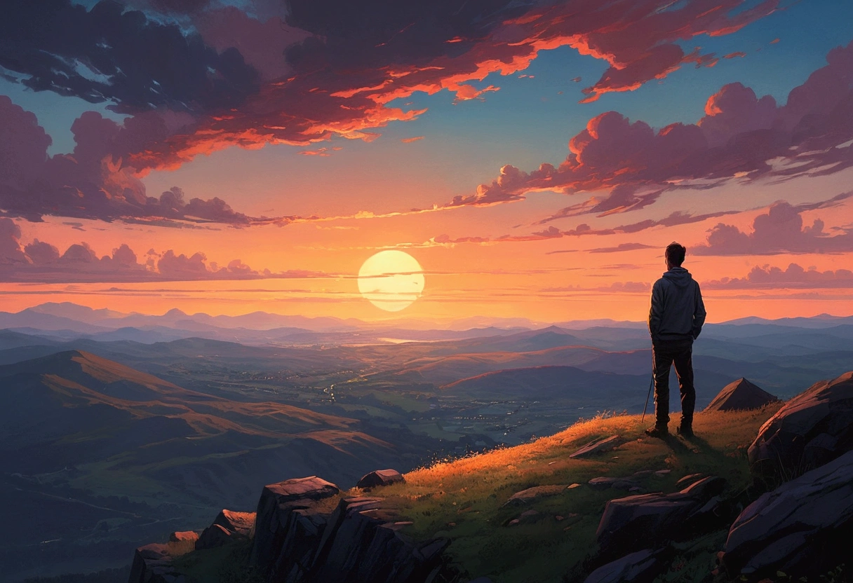 Painting a man standing on a mountain overlooking the valley, inspired by Jakub Schikaneder, Twilight ; Digital painting, Inspired by RHADS, Twilight ; digital oil painting, inspired by Alena Aenami, matte digital painting, Desolate. Digital illustration, Artistic. Alena Ainami, art by Alena Aenami, Beautiful backs on the horizon, A profound sense of space、sunset illustration