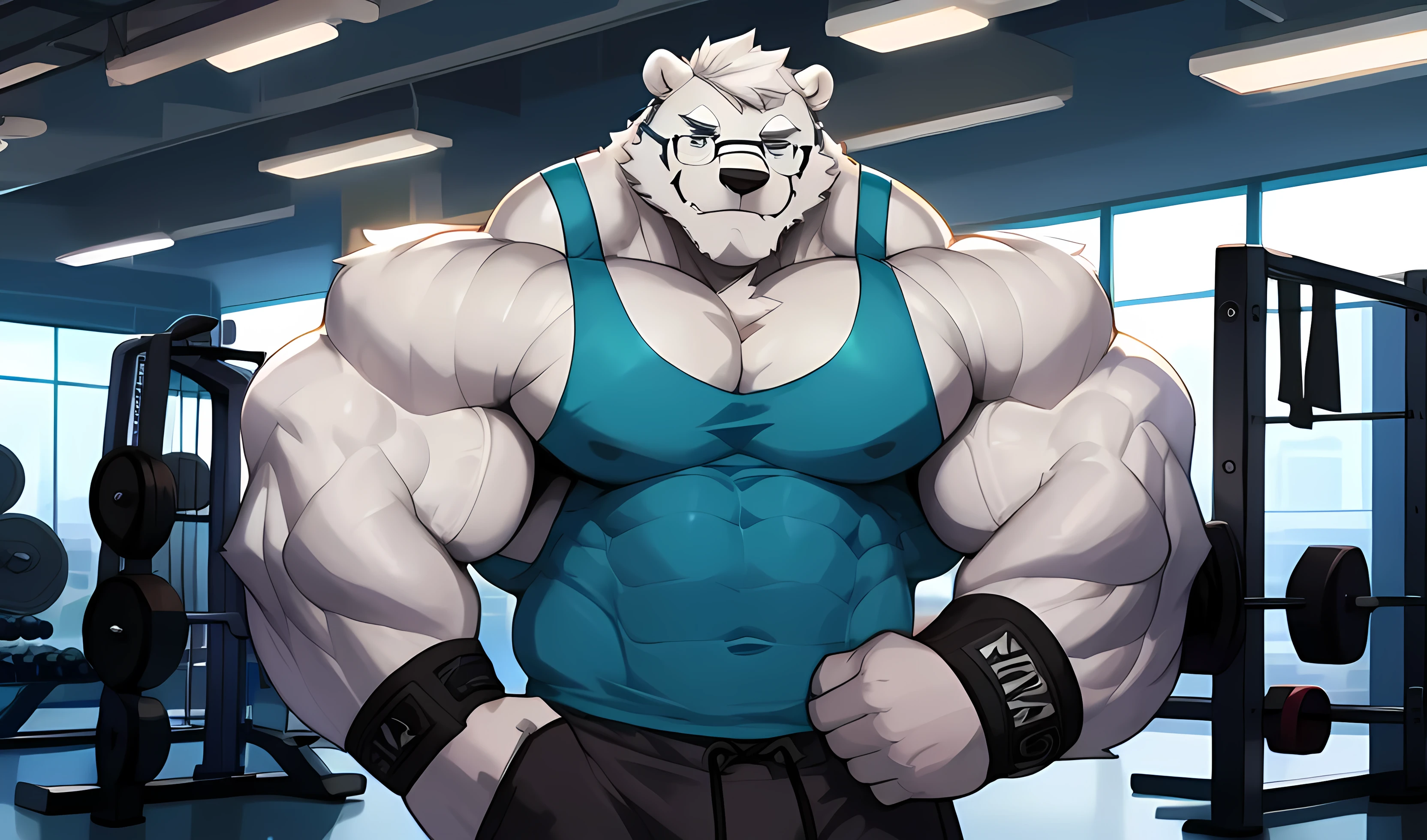 solo, 1boy, Huge Muscular White Polar Bear wearing glasses, huge white fur, pectoral, huge pectoral, wide pectoral, short white hair, blue colored short pants, wristbands and blue colored tank top, white bearded, white Mustache, white fur, black eyebrows, gym fitness center background, masterpiece, high detailed, 8k, high resolution, at the gym, flexes huge thorax, looking at the viewer, acting all hunk