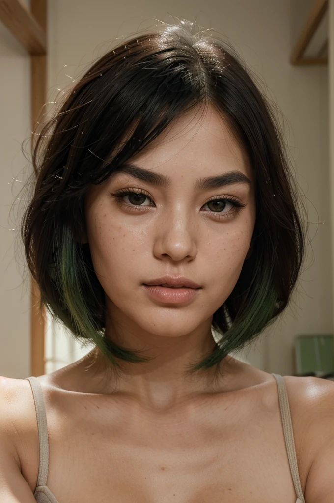 She has an oval face with high cheekbones, a defined jawline is Asian, japanese. His eyes are large and almond, black in color, with long eyelashes and thick, arched eyebrows, with a small scratch on his right eyebrow. His nose is small and straight, and she has full, wide lips. His hair is black with a green streak on the left side., short and smooth, usually worn loose with a fringe that partially covers the forehead. Her skin is fair with lots of freckles on her nose and rosy cheeks.. closeup of the tits.
