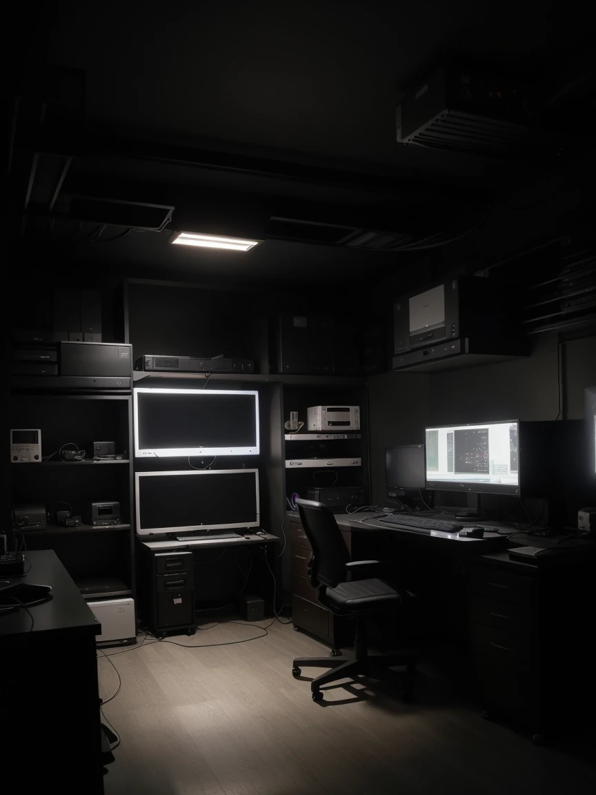 a hacker room that has a large server center with cables and lights, a very robust dedicated server with a lot of technology, dark bedroom, low lighting, ultra realistic detail 8k (3 LARGE MONITORS) details on server cables and technology 
