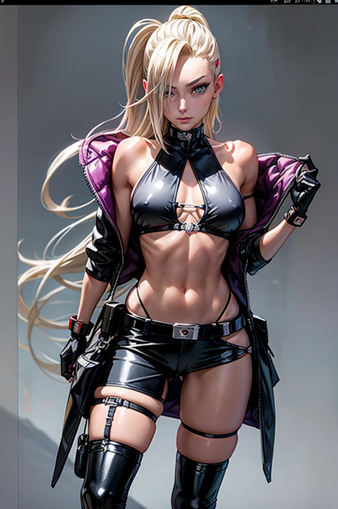 A hot outfit for Ino Yamanaka might feature a fitted black latex bikini with silver ring, a pair of black combat boots with silver buckles and a silver utility belt with pockets for her ninja tools. She could also wear a pair of black fingerless gloves with silver studs, only bikini upper, hair_over_one_eye, blonde_hair, blue_eyes