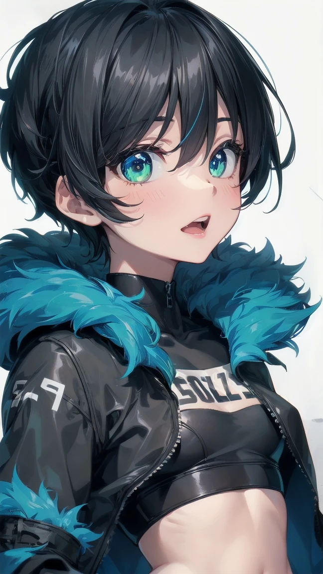 Close-up of a cartoon girl with blue hair and a yellow shirt, 2D Animation, 2D Animation style, 2D Art, 2D Art, 2D from Gorillaz, 2D from Gorillaz, 2D Gorillaz, Screaming Cerket, 2D Sprites, Jinx Face, short hair, Small breasts, hot pants, ((Black Hair, Bright blue fur inside:1.4))
