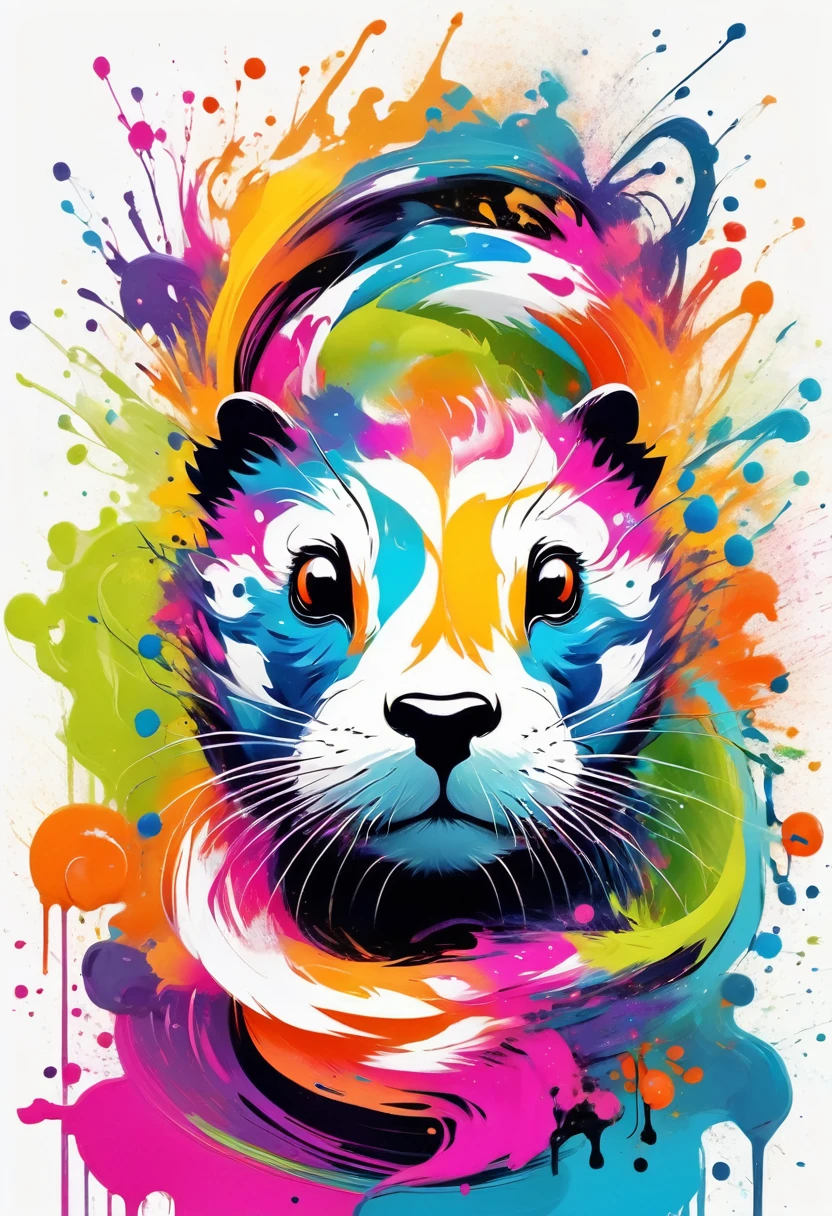 vectorial art, Colorful illustration with otter, At the center, swirly vibrant colors,graffiti art,ink spatter,Wild and unbridled,paint splash painting,rich and colorful,visual impact,modern aesthetic,Elegant and simple,Contemporary interpretation,audacious,White background