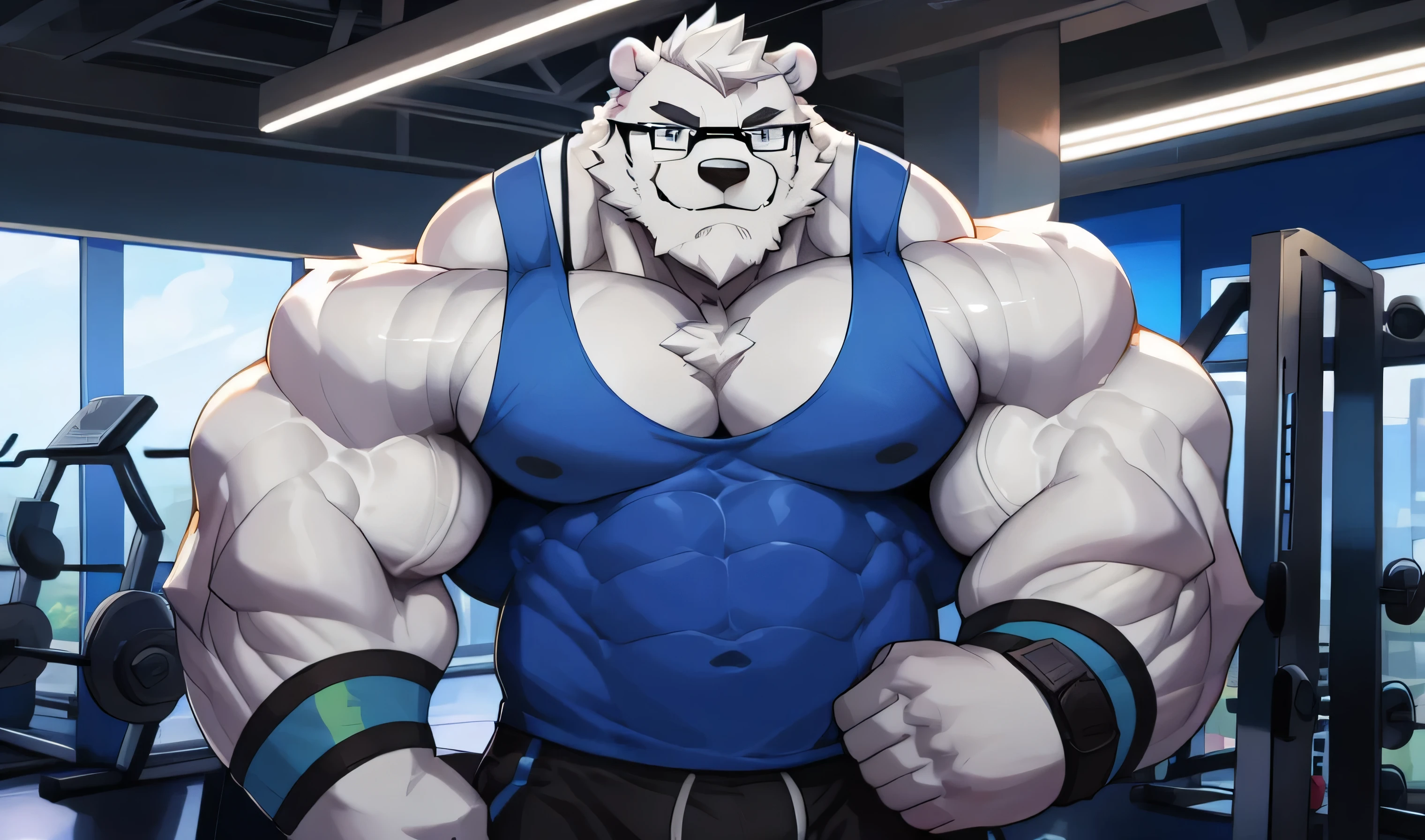 solo, 1boy, Huge Muscular White Polar Bear wearing glasses, huge white fur, pectoral, huge pectoral, wide pectoral, short white hair, blue colored short pants, blue colored wristbands and blue colored tank top, white bearded, white Mustache, white fur, black eyebrows, gym fitness center background, masterpiece, high detailed, 8k, high resolution, at the gym, flexes huge thorax, looking at the viewer, acting all hunk
