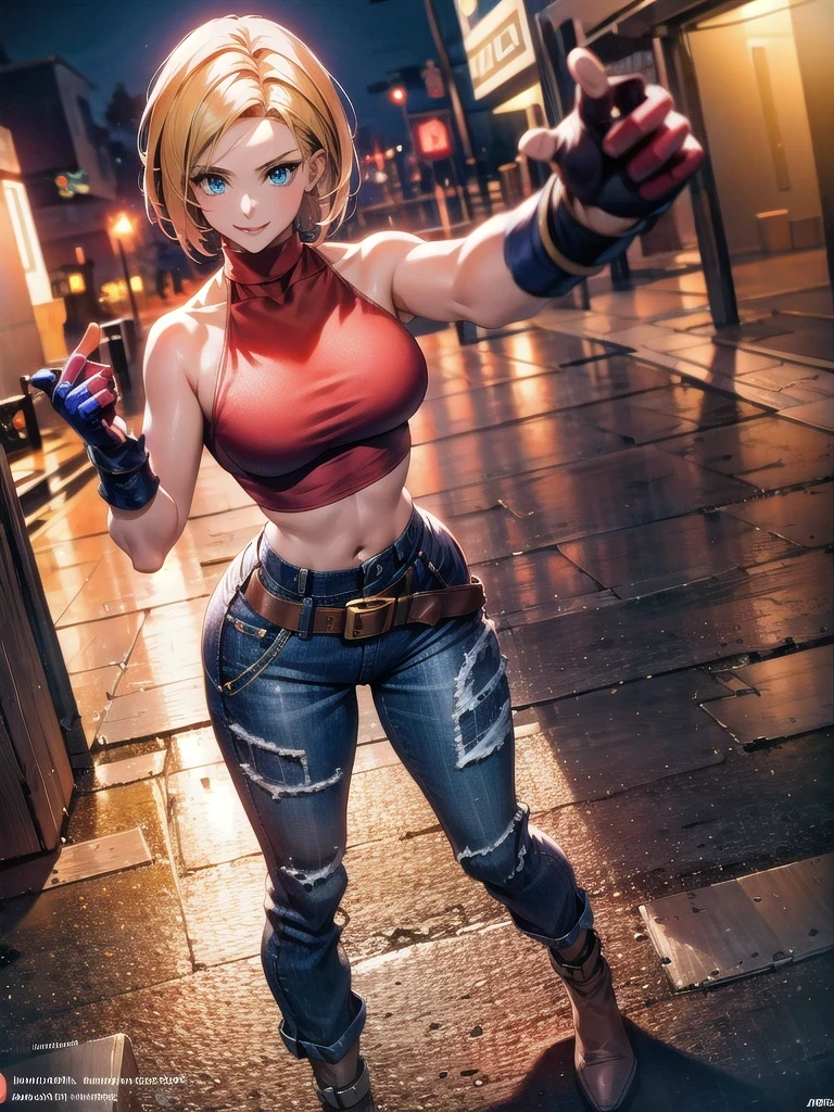 30 year old woman, alone, athletic, by the semi-cut ruby, she is wearing a tight red crop top, he wears blue jogger pants, has two belts, one small and the other a large belt hanging from his brown waist., wears blue fingerless gloves , he wears brown boots, smile at the viewer, points at the viewer, There is a little brown dog with white spots with her, high resolution, absurd, intricate, sharp focus, a New York alley in the background, Best Quality, Masterpiece, high resolution, Perfect picture, Very detailed, High contrast, Digital colors, simple, medium shot, cinematographic, ultra sharp focus, award-winning photography, perFect contrast, high sharpness, depth of field, ultra detailed photography, global illumination, fluid, ultra high definition, 8k, unreal engine 5, ultra-sharp focus, award-winning photography, Art Season Trends,