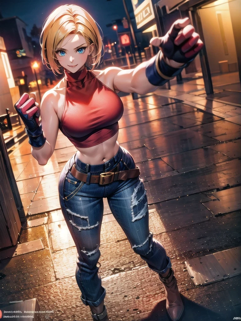 30 year old woman, alone, athletic, by the semi-cut ruby, she is wearing a tight red crop top, he wears blue jogger pants, has two belts, one small and the other a large belt hanging from his brown waist., wears blue fingerless gloves , he wears brown boots, smile at the viewer, points at the viewer, There is a little brown dog with white spots with her, high resolution, absurd, intricate, sharp focus, a New York alley in the background, Best Quality, Masterpiece, high resolution, Perfect picture, Very detailed, High contrast, Digital colors, simple, medium shot, cinematographic, ultra sharp focus, award-winning photography, perFect contrast, high sharpness, depth of field, ultra detailed photography, global illumination, fluid, ultra high definition, 8k, unreal engine 5, ultra-sharp focus, award-winning photography, Art Season Trends,