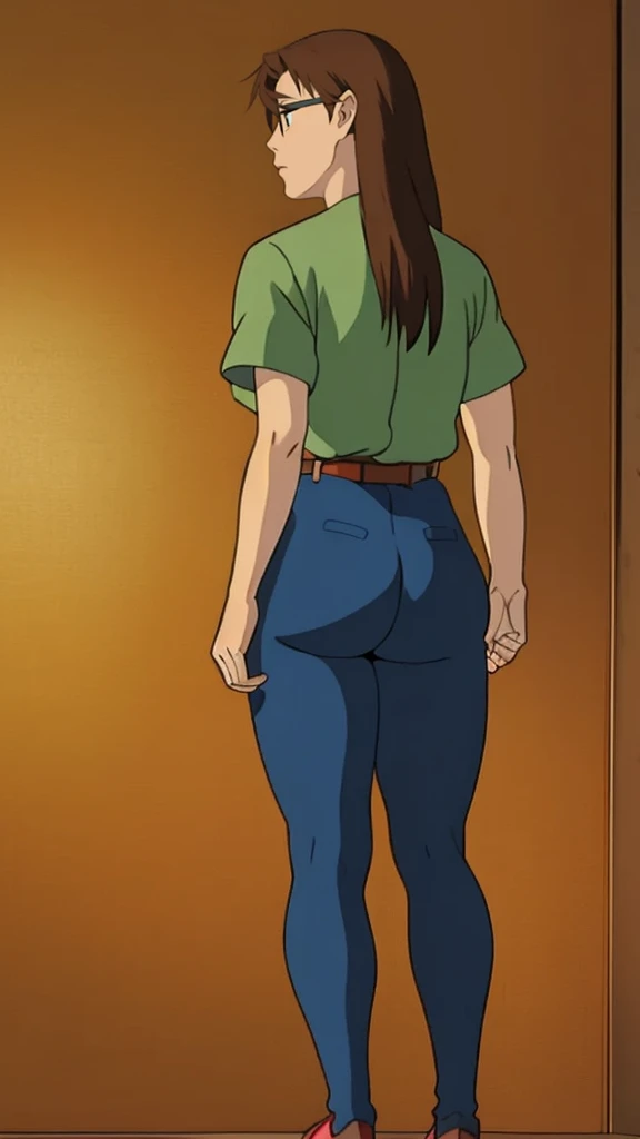 Koyomi Mizuhara, brown hair, long hair, face, nose, bangs, realistic lips, brown eyes, glasses, light green shirt, large breasts, waist, belt, bubble butt, blue cut legging, skin tight, shoes, Wallpaper, back of view, looking, view from behind, tongue drop