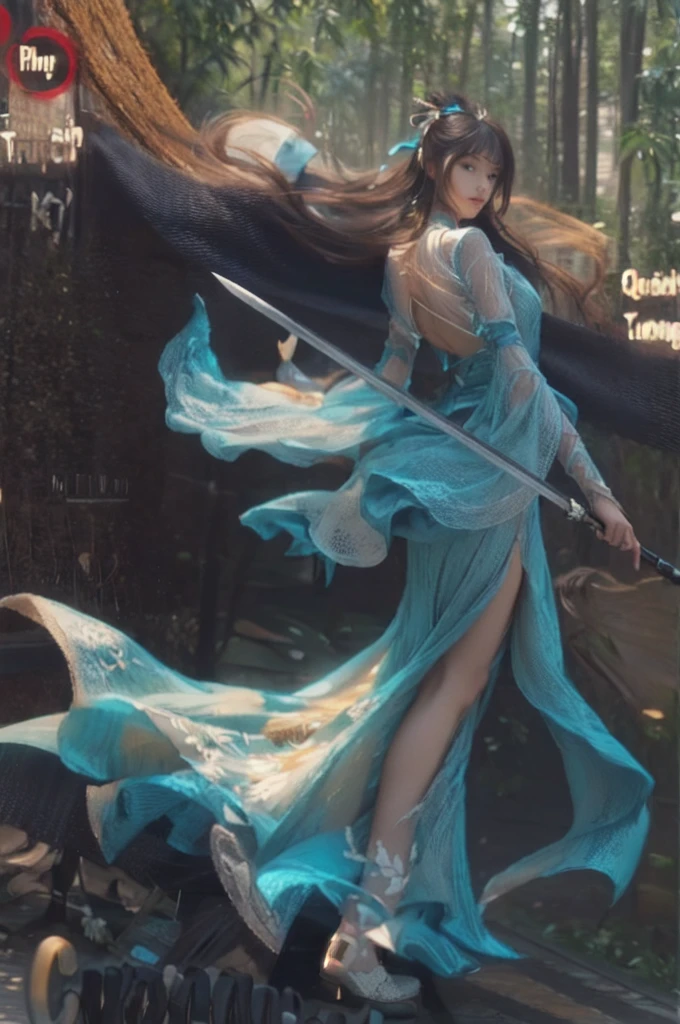 a girl, sword, beautyful. nice bamboo forest background, silk dress, sexy
