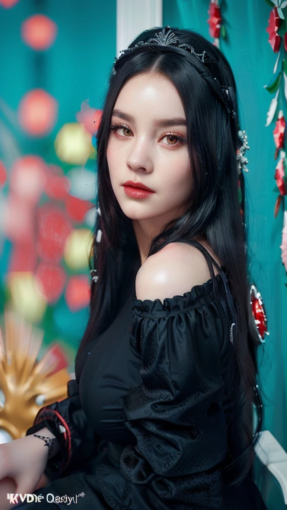 Irene Red Velvet, beautiful Idol Kpop, ultra realistic, perfects eyes, detailed black sexy princess dress, white hair, irene red velvet, black crown on head, SITTING ON A THRONE, best qualityer, slim, look at the serious camera, full body, (best quality, photorealistic:1.37), exudes elegance, radiating, captivating presence, gigantic breast