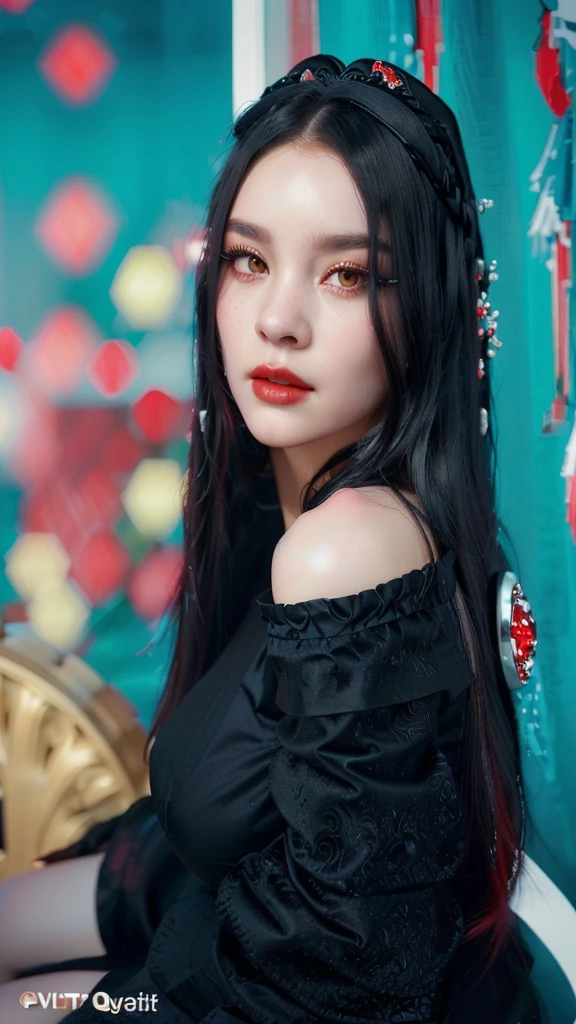 Irene Red Velvet, beautiful Idol Kpop, ultra realistic, perfects eyes, detailed black sexy princess dress, white hair, irene red velvet, black crown on head, SITTING ON A THRONE, best qualityer, slim, look at the serious camera, full body, (best quality, photorealistic:1.37), exudes elegance, radiating, captivating presence, gigantic breast