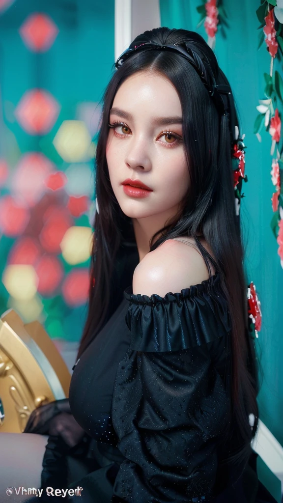 Irene Red Velvet, beautiful Idol Kpop, ultra realistic, perfects eyes, detailed black sexy princess dress, white hair, irene red velvet, black crown on head, SITTING ON A THRONE, best qualityer, slim, look at the serious camera, full body, (best quality, photorealistic:1.37), exudes elegance, radiating, captivating presence, gigantic breast