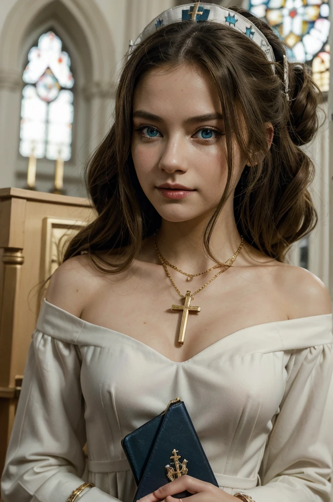 A young girl in realistic portrait of high quality and detail, movie style, Barbara (Genshin Impact), a young girl of petite build with ash-blond hair gathered in two ponytails and blue eyes. She is dressed in a white off-the-shoulder dress decorated with gold embroidery and a dark blue petticoat with the same color lapels on the sleeves. The bodice of the dress is decorated with a sea-green bow. The outfit is complemented by white tights, white shoes with black lacing, blue ruffles and a black block heel and a separate collar. On her head she wears a white and blue cap with a gold cross, similar to a nurse's headdress. Barbara also carries a spell book with a blue cover, decorated with gold and a cross keychain. She attaches it to a black leather sling with a gold buckle. light and peaceful atmosphere, glow, eye shadow, 1girl, fantasy, Depth & Perspective, smiling on her face, Mystical powers, fine face, She stands in the middle of the church hall, indoors, sunlight from stained glass windows, looking at viewer, (ultra-high detail:1.2), Masterpiece, Best Quality, Ultra-detailed, Cinematic lighting, 8K, delicate features, cinematic, 35 mm lens, f/1.9, highlight lighting, global lighting –uplight –v 4, cinematic, Cinematic lighting, 8K, high quality, Highest Quality, (Solo Focus), (extremly intricate:1.3), (Realistic), masterful, Analog style, (Film grain:1.5), (warm hue, cold tone),