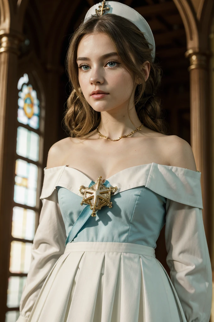 A young girl in realistic portrait of high quality and detail, movie style, Barbara (Genshin Impact), a young girl of petite build with ash-blond hair gathered in two ponytails and blue eyes. She is dressed in a white off-the-shoulder dress decorated with gold embroidery and a dark blue petticoat with the same color lapels on the sleeves. The bodice of the dress is decorated with a sea-green bow. The outfit is complemented by white tights, white shoes with black lacing, blue ruffles and a black block heel and a separate collar. On her head she wears a white and blue cap with a gold cross, similar to a nurse's headdress. Barbara also carries a spell book with a blue cover, decorated with gold and a cross keychain. She attaches it to a black leather sling with a gold buckle. light and peaceful atmosphere, glow, eye shadow, 1girl, fantasy, Depth & Perspective, smiling on her face, Mystical powers, fine face, She stands in the middle of the church hall, indoors, sunlight from stained glass windows, looking at viewer, (ultra-high detail:1.2), Masterpiece, Best Quality, Ultra-detailed, Cinematic lighting, 8K, delicate features, cinematic, 35 mm lens, f/1.9, highlight lighting, global lighting –uplight –v 4, cinematic, Cinematic lighting, 8K, high quality, Highest Quality, (Solo Focus), (extremly intricate:1.3), (Realistic), masterful, Analog style, (Film grain:1.5), (warm hue, cold tone), 