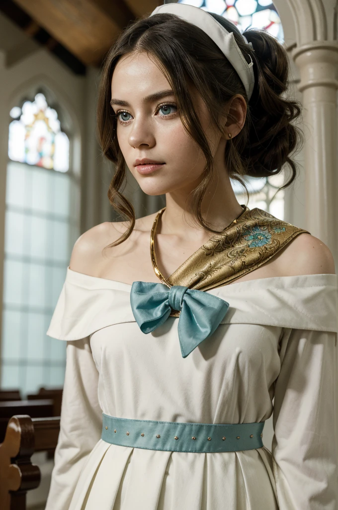 A young girl in realistic portrait of high quality and detail, movie style, Barbara (Genshin Impact), a young girl of petite build with ash-blond hair gathered in two ponytails and blue eyes. She is dressed in a white off-the-shoulder dress decorated with gold embroidery and a dark blue petticoat with the same color lapels on the sleeves. The bodice of the dress is decorated with a sea-green bow. The outfit is complemented by white tights, white shoes with black lacing, blue ruffles and a black block heel and a separate collar. On her head she wears a white and blue cap with a gold cross, similar to a nurse's headdress. Barbara also carries a spell book with a blue cover, decorated with gold and a cross keychain. She attaches it to a black leather sling with a gold buckle. light and peaceful atmosphere, glow, eye shadow, 1girl, fantasy, Depth & Perspective, smiling on her face, Mystical powers, fine face, She stands in the middle of the church hall, indoors, sunlight from stained glass windows, looking at viewer, (ultra-high detail:1.2), Masterpiece, Best Quality, Ultra-detailed, Cinematic lighting, 8K, delicate features, cinematic, 35 mm lens, f/1.9, highlight lighting, global lighting –uplight –v 4, cinematic, Cinematic lighting, 8K, high quality, Highest Quality, (Solo Focus), (extremly intricate:1.3), (Realistic), masterful, Analog style, (Film grain:1.5), (warm hue, cold tone), 