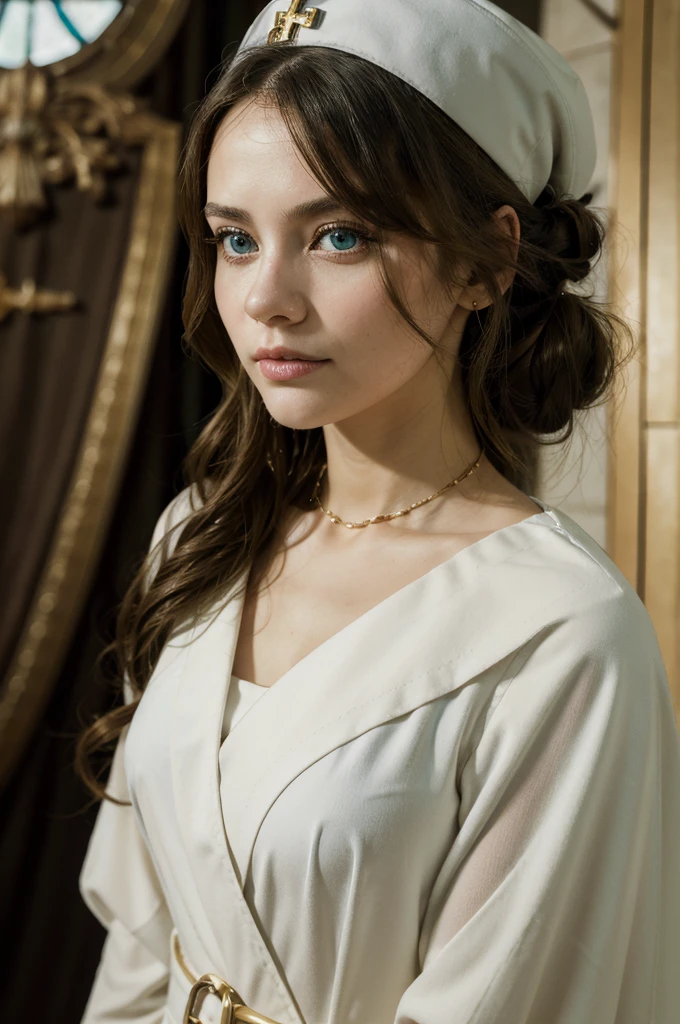 A young girl in realistic portrait of high quality and detail, movie style, Barbara (Genshin Impact), a young girl of petite build with ash-blond hair gathered in two ponytails and blue eyes. She is dressed in a white off-the-shoulder dress decorated with gold embroidery and a dark blue petticoat with the same color lapels on the sleeves. The bodice of the dress is decorated with a sea-green bow. The outfit is complemented by white tights, white shoes with black lacing, blue ruffles and a black block heel and a separate collar. On her head she wears a white and blue cap with a gold cross, similar to a nurse's headdress. Barbara also carries a spell book with a blue cover, decorated with gold and a cross keychain. She attaches it to a black leather sling with a gold buckle. light and peaceful atmosphere, glow, eye shadow, 1girl, fantasy, Depth & Perspective, smiling on her face, Mystical powers, fine face, She stands in the middle of the church hall, indoors, sunlight from stained glass windows, looking at viewer, (ultra-high detail:1.2), Masterpiece, Best Quality, Ultra-detailed, Cinematic lighting, 8K, delicate features, cinematic, 35 mm lens, f/1.9, highlight lighting, global lighting –uplight –v 4, cinematic, Cinematic lighting, 8K, high quality, Highest Quality, (Solo Focus), (extremly intricate:1.3), (Realistic), masterful, Analog style, (Film grain:1.5), (warm hue, cold tone), 