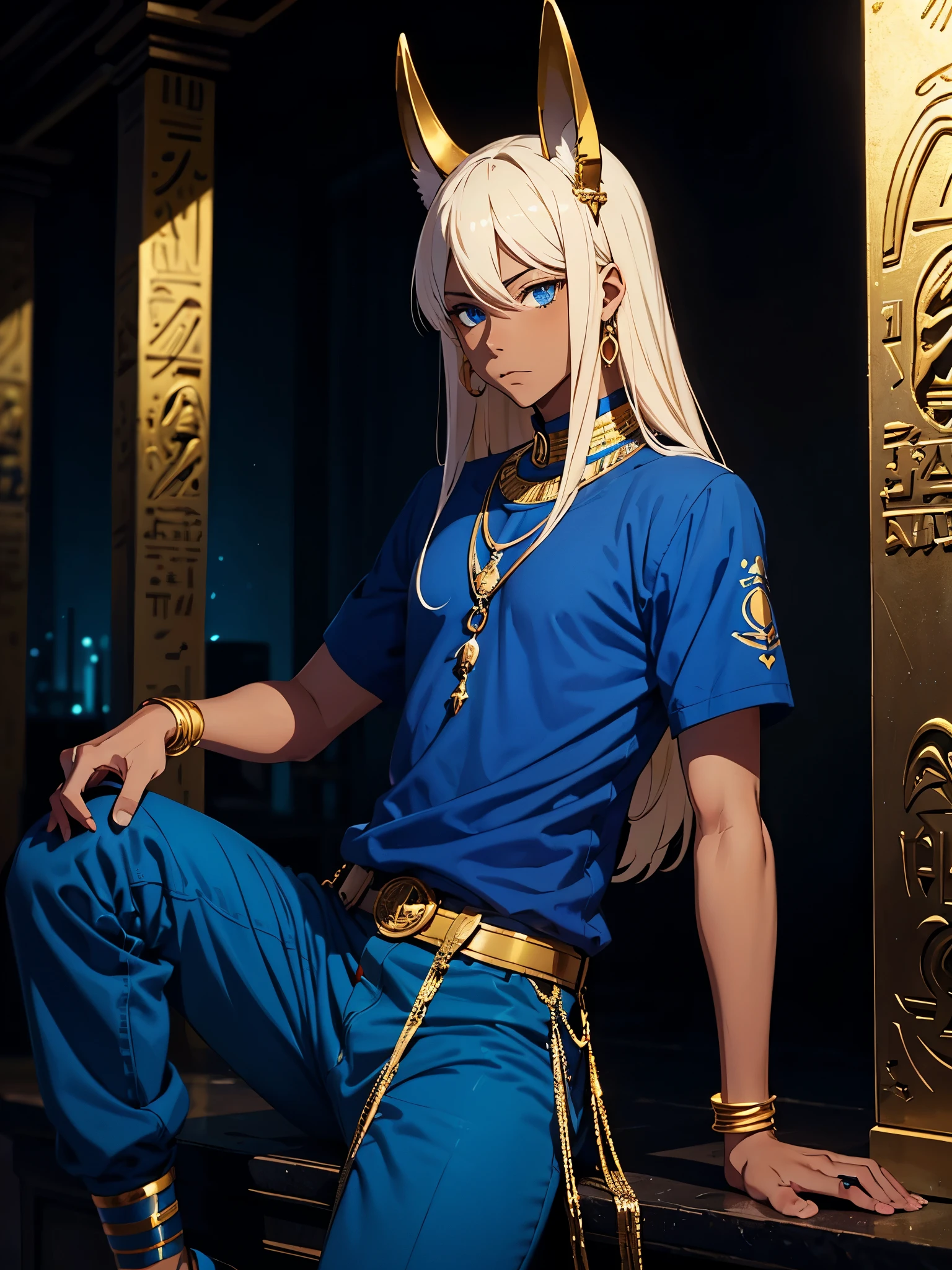 More anime style. cutie pie. アニメ! Teenage boy. Egyptian deity Anubis. Egyptian blue clothing. Blue clothes.  long blond hair. Lots of gold jewelry. dark skin. Egyptian. dazzling blue eyes. mystical. divine.