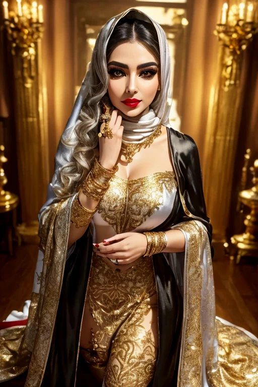 (masterpiece), (ultra high resolution), (extremely intricate), (exquisitely detailed), (F1.4, 1/800s, ISO 100, photorealistic),1girl, (beautiful gorgeous arabic woman),  looking_at_camera,Evil queen, homewrecker, white hair,huge breasts,((wearing full sleeve black silk gown with golden embroidery abaya,ivory colored hijab,scarf with gold jewellery)), thigh high stockings,(long eyelashes,double eyelids),(red eyeshadow,silver eyeliner,golden masacara),Full lips,bright red lipstick,golden glitter,
Romantic  makeup, 
standing,pin up style,(full body:1.3)