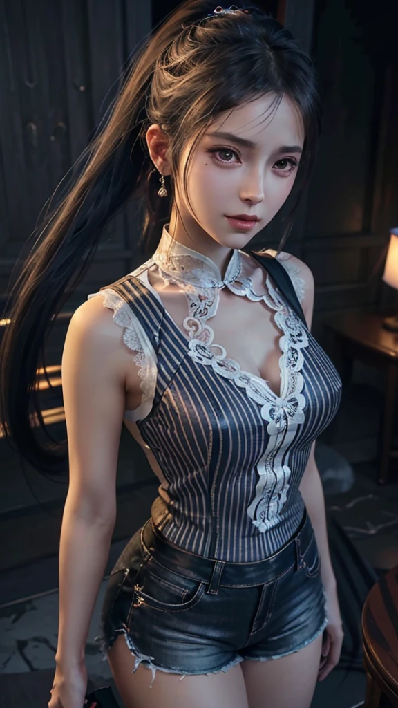 Light线追踪,{best quality},{ {masterpiece}},Extremely detailed 8k wallpaper,{Extremely refined},rich and colorful,Intricate details,realism,White tight shirt wrap,(detailed depiction of clothes),Cool white skin,(Apply blush carefully),1080P,sun,Soft,Sense of Brokenness,皮肤Light滑如丝,3d,masterpiece,best quality,illustrationVery detailed,beautiful eyes,Very detailed的 8k cg 壁纸,Peach Blossom Eyes,Red pupil,Extremely refined女孩,8k wallpaper,best quality,noon,Pure beauty,Close-up half-length photo,White Chinese style telephoto lens,image(Front focus), (in the darkness:1.6), 大卫·霍克尼和阿尔方斯·穆夏的超realism女性肖像, Fantasy Art, Photo-realistic, Art Station, poster, , Very detailed的脸, 4K, The award-winning,
Start screen art, PC games with UI, Start screen, Stunning splash screen art, game Critical Art, Loading Screen, Loading Screen, Loading Screen”, Ink figure painting, Wang Chen, Critical Art, yasuke 5 0 0 px Model,Close-up of miss wearing white mask, Beautiful character painting, Gu Weiss, Gurwitz-style artwork, White-haired god, author:Yang Jie, Epic and beautiful character art, Stunning character art, author:Fan Qi, by Wuzhun Shifan, pixiv Art Street Guviz, Single ponytail, insult, High Ponytail, Tall and big, Long legs, (Sleeveless lace shirt), (shorts), (Striped )), ((Striped )), Walk, elegant, dignified, miss, Beautiful curves, sweet smile, Strong sense of detail and layering, color丰富绚丽, Has a unique texture, rich and colorful, color, vivid, Design Art, 16K, Very detailed, {{illustration}}, {Extremely refined}, {Exquisite surface treatment}, Very detailed, Delicate and shining eyes, {{Light}}, 极致Light效果, Model: realism, CFG size: 12, Laura: Bright texture (1.35), high quality, masterpiece, Exquisite facial features, Delicate hair depiction, Detailed depiction of the eyes, masterpiece, best quality, Light线追踪, Extremely detailed CG unified 8k wallpaper, masterpiece, best quality, (1 girl), 完美miss身材, (((tight white t shirt))), (Delicate face), Black short hair, Tie your hair up, Light blue hairpin, (White skin), (Optimal Lighting), (超级Intricate details), 4K统一, (Very detailed CG), Showing off her white legs, , Hot Pants, shorts,