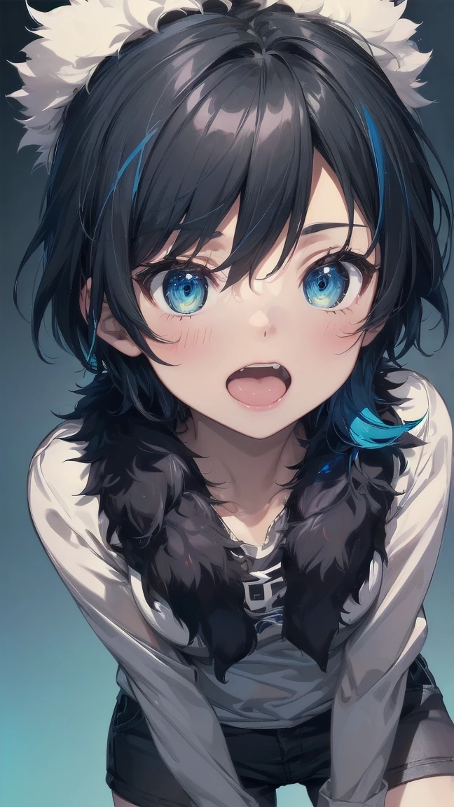 Close-up of a cartoon girl with blue hair and a yellow shirt, 2D Animation, 2D Animation style, 2D Art, 2D Art, 2D from Gorillaz, 2D from Gorillaz, 2D Gorillaz, Screaming Cerket, 2D Sprites, Jinx Face, short hair, Small breasts, hot pants, ((Black Hair, Bright blue fur inside:1.4))