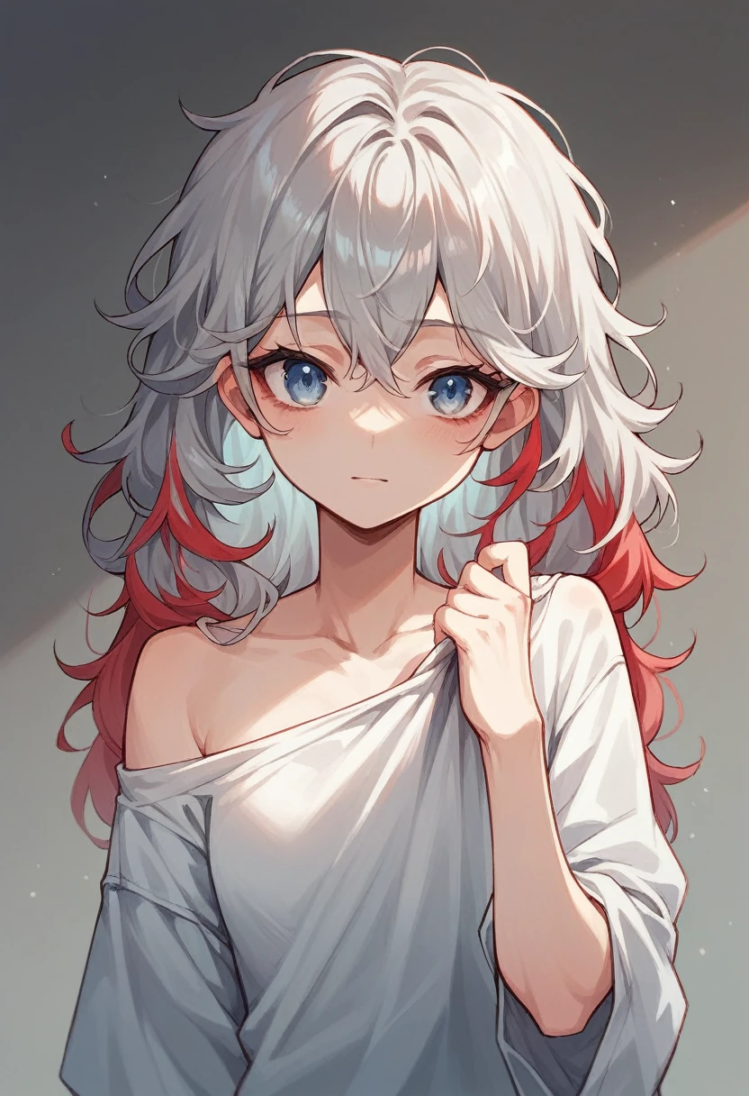 Woman with long, wavy silver hair with red highlights with blue eyes wearing loose clothing with her hand near her face