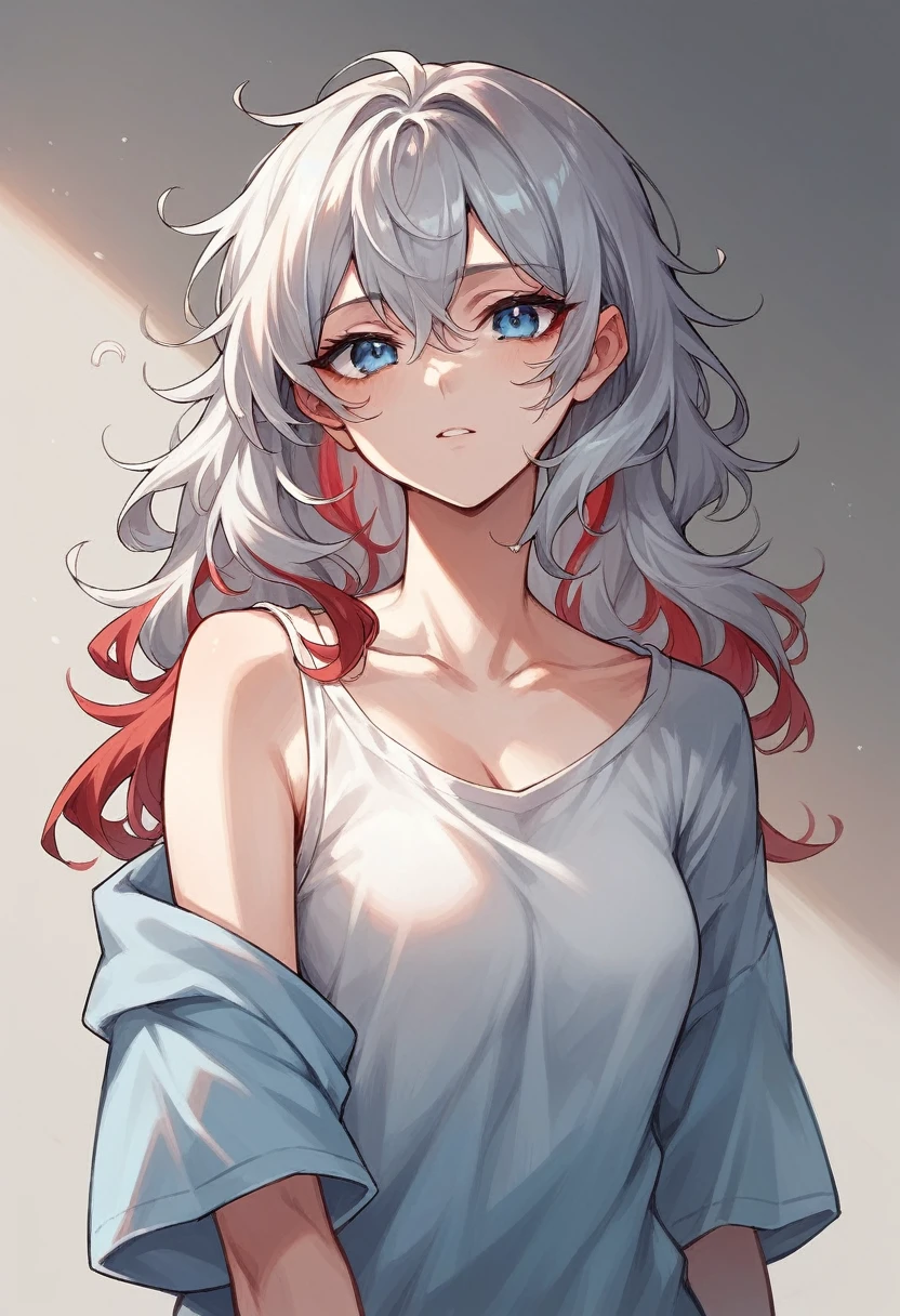 Woman with long, wavy silver hair with red highlights with blue eyes wearing loose clothing with her hand near her face