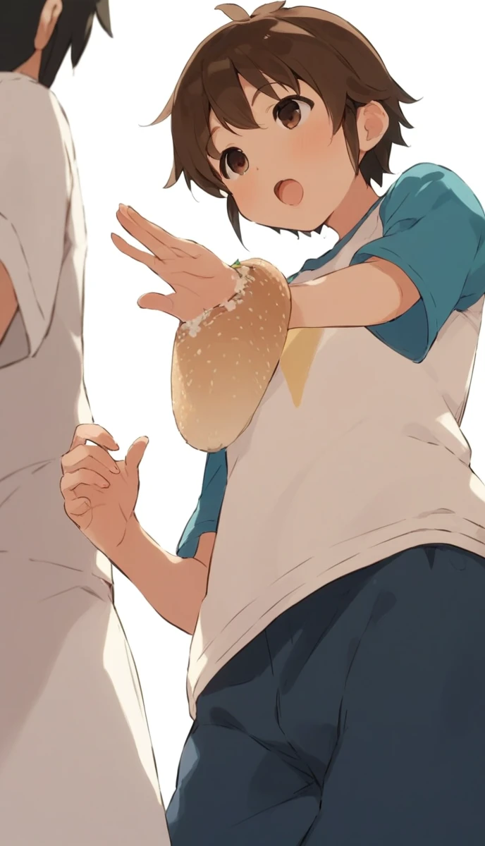 Best image quality、girl with rice balls in both hands、Plump Cheeks、(口の周りのrice粒)、Beige Parka、ショートカットのBrown Hair、Open your mouth wide、happiness、Eat rice balls、Triangle、rice、anime, One boy, Handa Shinichi, Brown Hair, Brown eyes, stop temporarily,Composition looking up from below、please sit down、Background is white