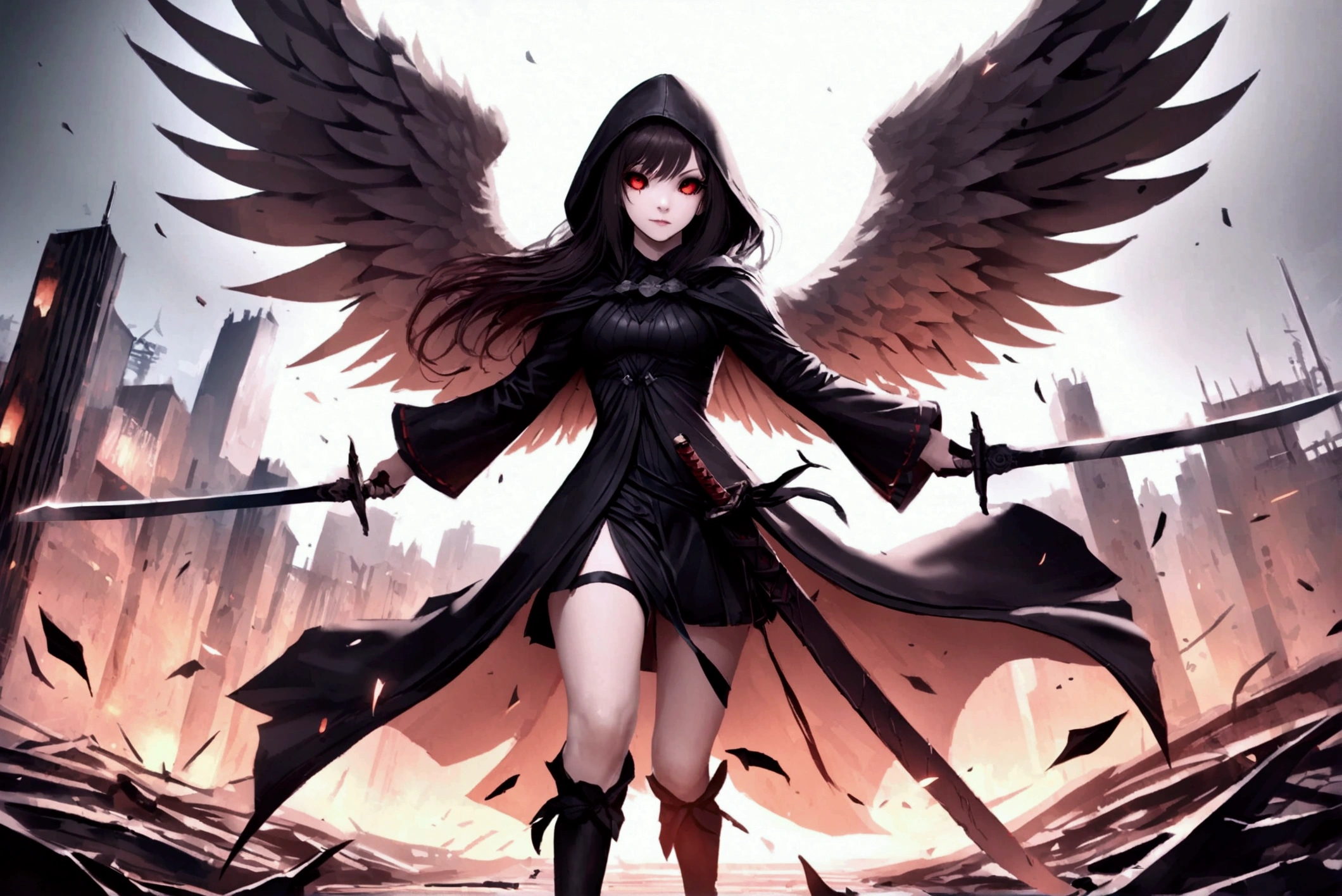 Realistic, 4K, Angels with big wings, Black clothes, one sword, Hood in war background image (chaos) rinnegan eyes