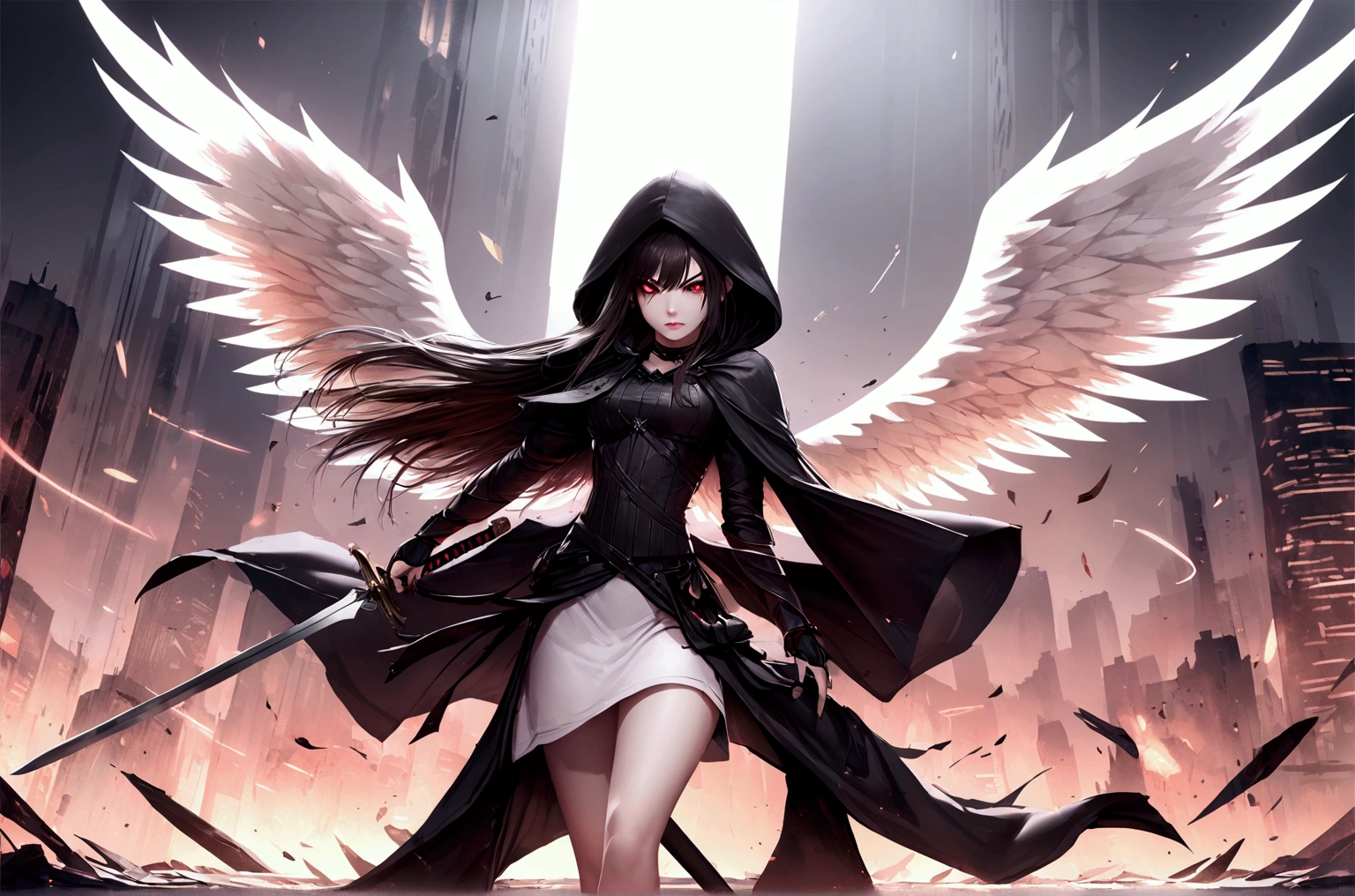 Realistic, 4K, Angels with big wings, Black clothes, one sword, Hood in war background image (chaos) rinnegan eyes