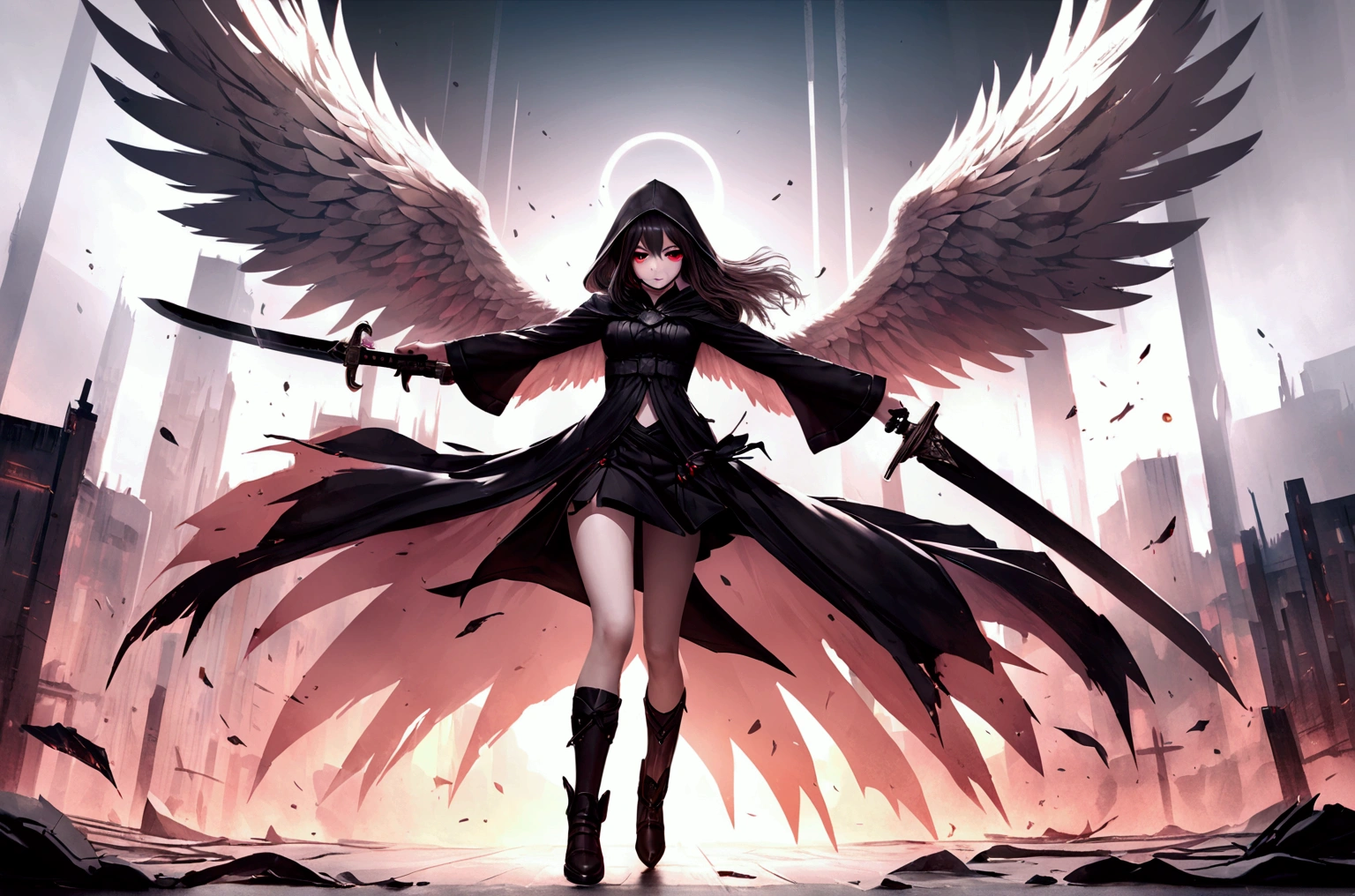 Realistic, 4K, Angels with big wings, Black clothes, one sword, Hood in war background image (chaos) rinnegan eyes