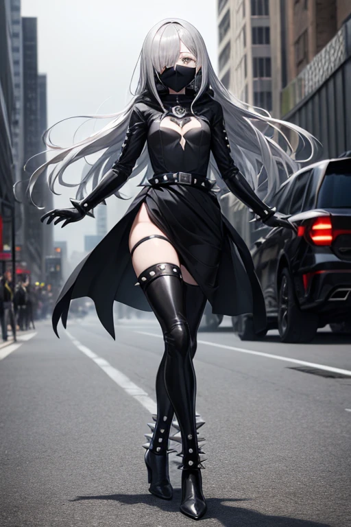((best quality)), ((masterpiece)), (detailed), 1 girl, Full body, 18 years old, Depressed face, Silver eyes, One eye, Arms outstretched, Arms behind waist, Metal mask covering eyes, Eyes covered, Silver hair, Long hair, Spiky hair, Bangs, Strand of hair covering eye, Full body, Tall, Small breasts, Thin body, Grey hood, Metal spikes, Grey wrist guards, Long black gloves with spikes, Grey gothic outfit, Gothic ta, Grey dress with metal spikes, Metal emblem, Tight fit, Black belt, Black stockings, Black boots, Walking through the city, Metal spikes coming out of the highway, City background, Grey clothes, Superhero, Anime, Plush rabbit in her arms