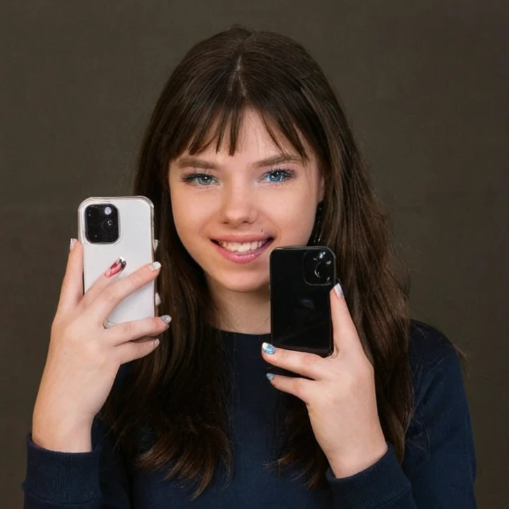 a beautiful young woman with long dark straight hair, blue eyes, bangs, holding an iPhone, smiling, with long nails, wearing a dark sweatshirt, taking a selfie in front of a neutral background, young, cute, alternative 