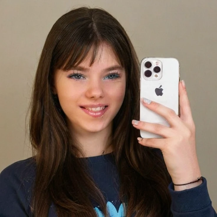 a beautiful young woman with long dark straight hair, blue eyes, bangs, holding an iPhone, smiling, with long nails, wearing a dark sweatshirt, taking a selfie in front of a neutral background, young, cute, alternative