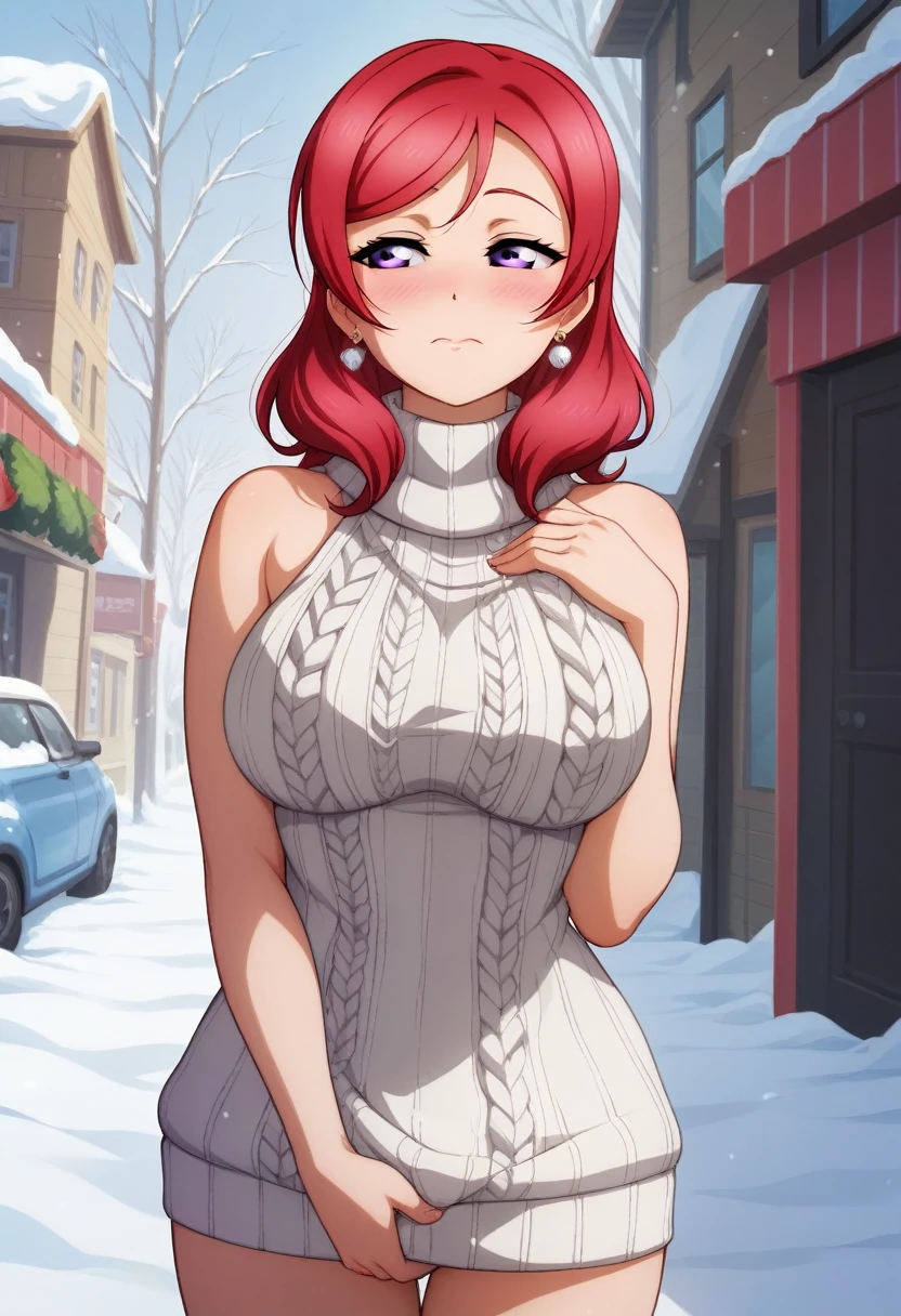 Masterpiece, love live,sexy,facial details,solo, detailed body part details, cowboy shot,embarrassed, vergin killer sweater, big breasts,8k wallpaper, looking away, nishikino maki, earrings,in street,snow, purple eyes, half closed eyes,snow above nose, kissed,red hair ,wall ,pov