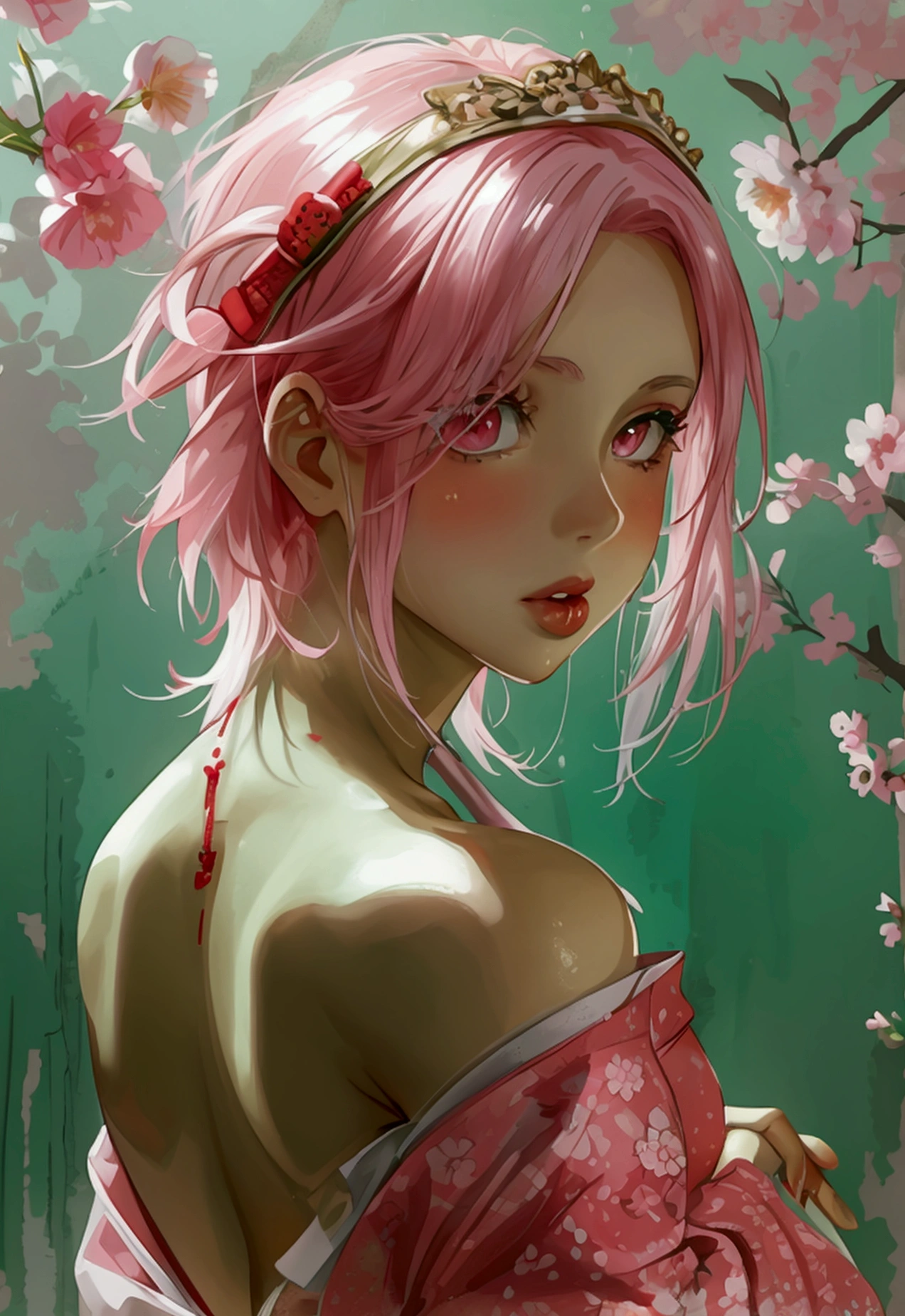 (masterpiece:1.2, best quality), 1girl,solo, large breasts, full body, headband, pink hair, short hair, green eyes, lipstick, red dress, bare shoulder, looking back, sakura, haruno_sakura, naked, sexy, transparent kimono.little pubic hair, silver pubic hair, white skin with a pinkish tint, beautiful lips, perfect mouth, pink eyes, wearing red sandals, perfect little feet, pink painted nails, holding a medical record in one hand (long pink nails), holding a syringe in the other hand, orgasmic face, clear liquid dripping from her pussy.