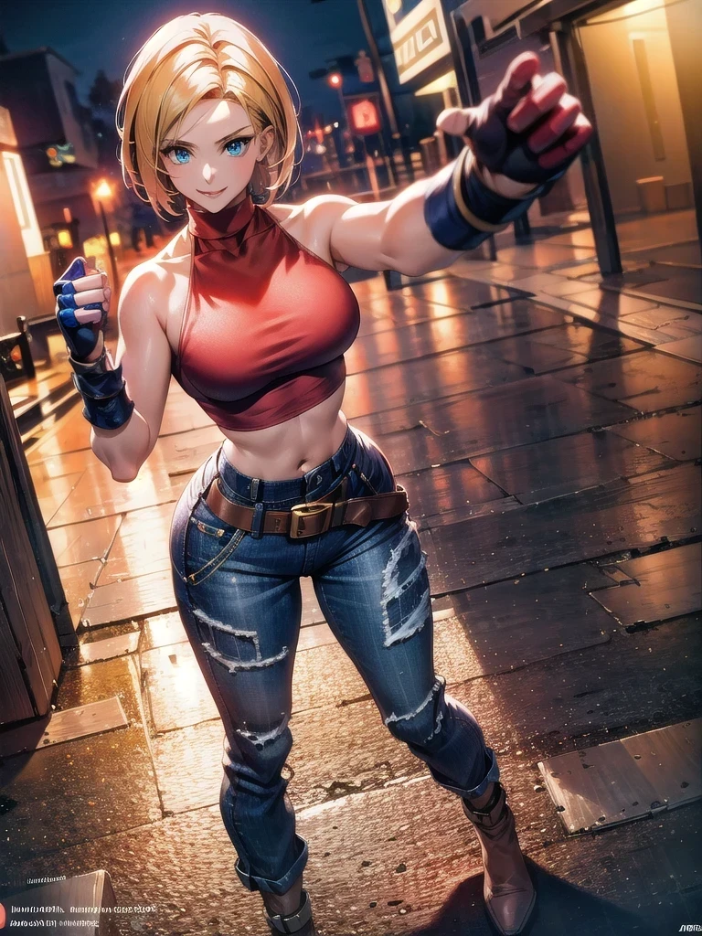 30 year old woman, alone, athletic, by the semi-cut ruby, she is wearing a tight red crop top, he wears blue jogger pants, has two belts, one small and the other a large belt hanging from his brown waist., wears blue fingerless gloves , he wears brown boots, smile at the viewer, points at the viewer, There is a little brown dog with white spots with her, high resolution, absurd, intricate, sharp focus, a New York alley in the background, Best Quality, Masterpiece, high resolution, Perfect picture, Very detailed, High contrast, Digital colors, simple, medium shot, cinematographic, ultra sharp focus, award-winning photography, perFect contrast, high sharpness, depth of field, ultra detailed photography, global illumination, fluid, ultra high definition, 8k, unreal engine 5, ultra-sharp focus, award-winning photography, Art Season Trends,