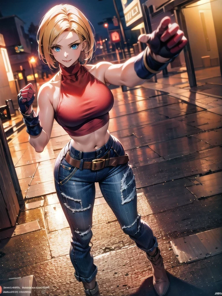 30 year old woman, alone, athletic, by the semi-cut ruby, she is wearing a tight red crop top, he wears blue jogger pants, has two belts, one small and the other a large belt hanging from his brown waist., wears blue fingerless gloves , he wears brown boots, smile at the viewer, points at the viewer, There is a little brown dog with white spots with her, high resolution, absurd, intricate, sharp focus, a New York alley in the background, Best Quality, Masterpiece, high resolution, Perfect picture, Very detailed, High contrast, Digital colors, simple, medium shot, cinematographic, ultra sharp focus, award-winning photography, perFect contrast, high sharpness, depth of field, ultra detailed photography, global illumination, fluid, ultra high definition, 8k, unreal engine 5, ultra-sharp focus, award-winning photography, Art Season Trends,