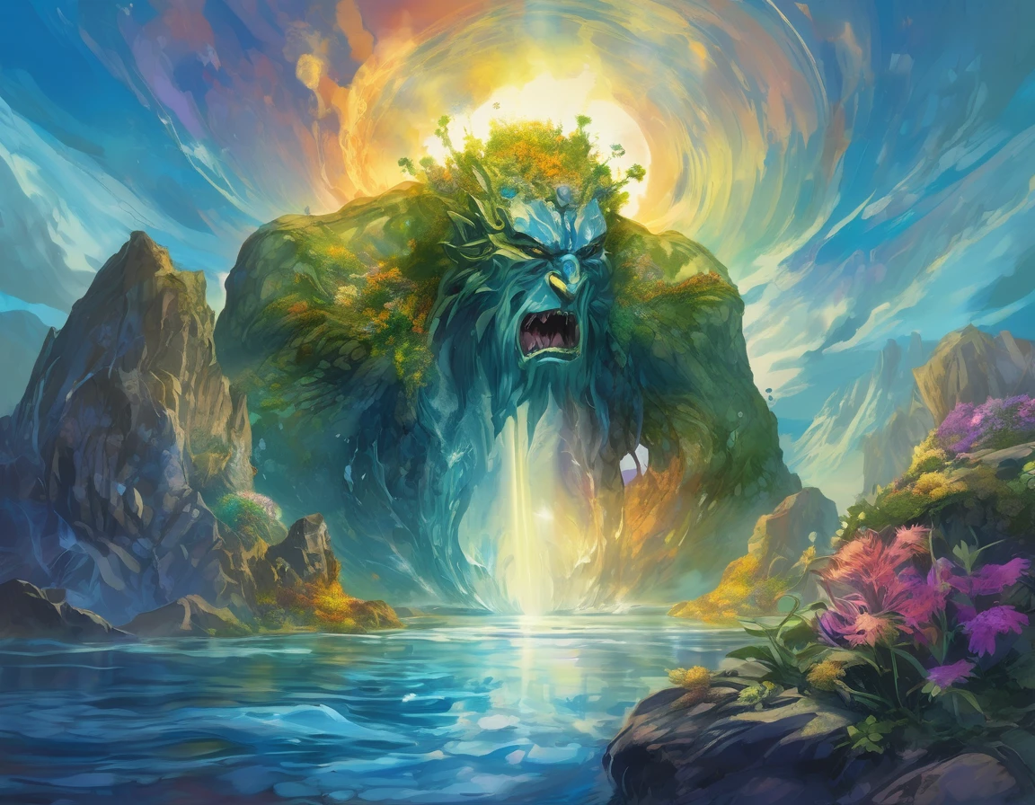 In the center of the scene A man wearing a blue jacket enters into a rock Titan open mouth,  rock and gold dormant Titan behemoth bust, with wide mouth open resting in the center of a water mirror, the Titan head has moss-vegetaion and flowers. thick wavy Brush strokes, Digital illustration. brush strokes, watercolor, golden rays and beautiful landscape, surreal phychadelic art, dreamy atmosphere, rainbow waves, oniric Theme, Peaceful environment, close up