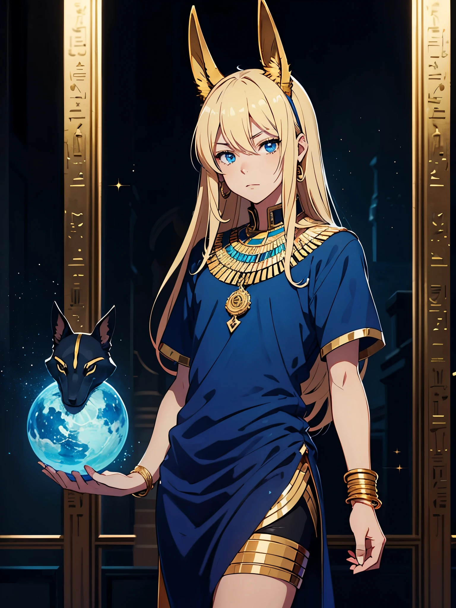 More anime style. cutie pie. アニメ! Teenage boy. Egyptian deity Anubis. Egyptian blue clothing. Blue clothes. long blond hair. Lots of gold jewelry. dark skin. Egyptian. dazzling blue eyes. mystical. divine.