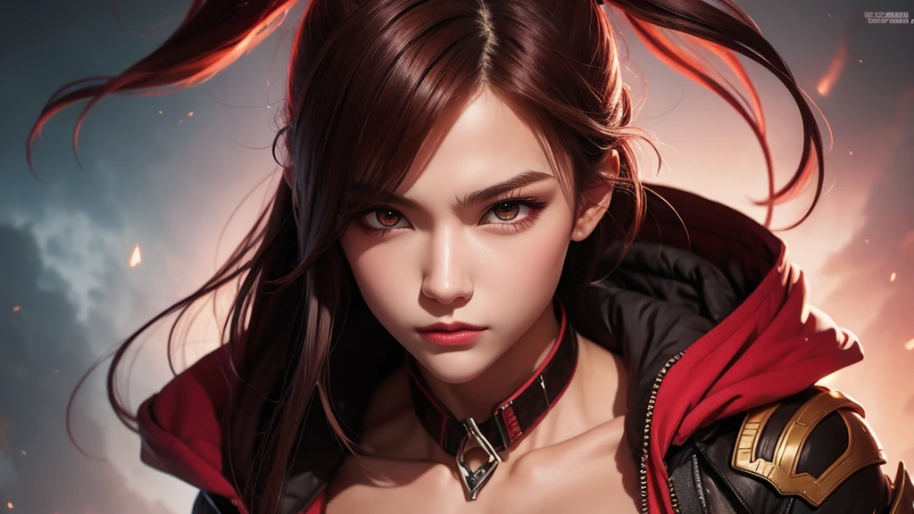 Immerse yourself in the world of game art with this visually diverse and creative half-length photo of a 20-year-old girl, featuring a close-up of her detailed eyes and large breasts.