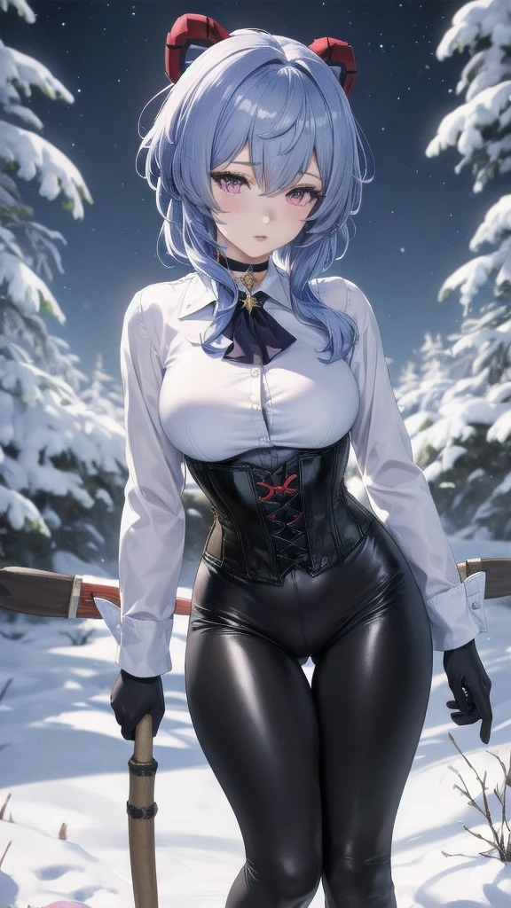 Masterpiece, Beautiful art, professional artist, 8k, sleeping expression, very detailed face, Detailed clothing, detailed fabric, 1 girl, Hiring, (genshin impact), View from the front, standing, perfectly drawn body, pale skin, shy expression, beautiful face, agregar cuernos de Hiring en la cabeza, Long sky blue hair, 4k eyes, very detailed eyes, pink cheeks, choker:1.6, (white long sleeve button down shirt with white collar), black gloves, gloves that cover hands, (holds an ax with his right hand), (black leather corset), (shiny black leggings), Sensual Lips, show details in the eyes, snowy dark forest, at night, starry night sky