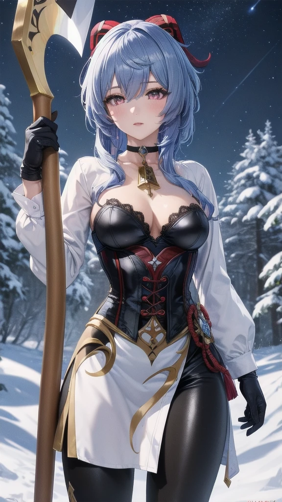 Masterpiece, Beautiful art, professional artist, 8k, sleeping expression, very detailed face, Detailed clothing, detailed fabric, 1 girl, Hiring, (genshin impact), View from the front, standing, perfectly drawn body, pale skin, shy expression, beautiful face, agregar cuernos de Hiring en la cabeza, Long sky blue hair, 4k eyes, very detailed eyes, pink cheeks, choker:1.6, (white long sleeve button down shirt with white collar), black gloves, gloves that cover hands, (holds an ax with his right hand), (black leather corset), (shiny black leggings), Sensual Lips, show details in the eyes, snowy dark forest, at night, starry night sky