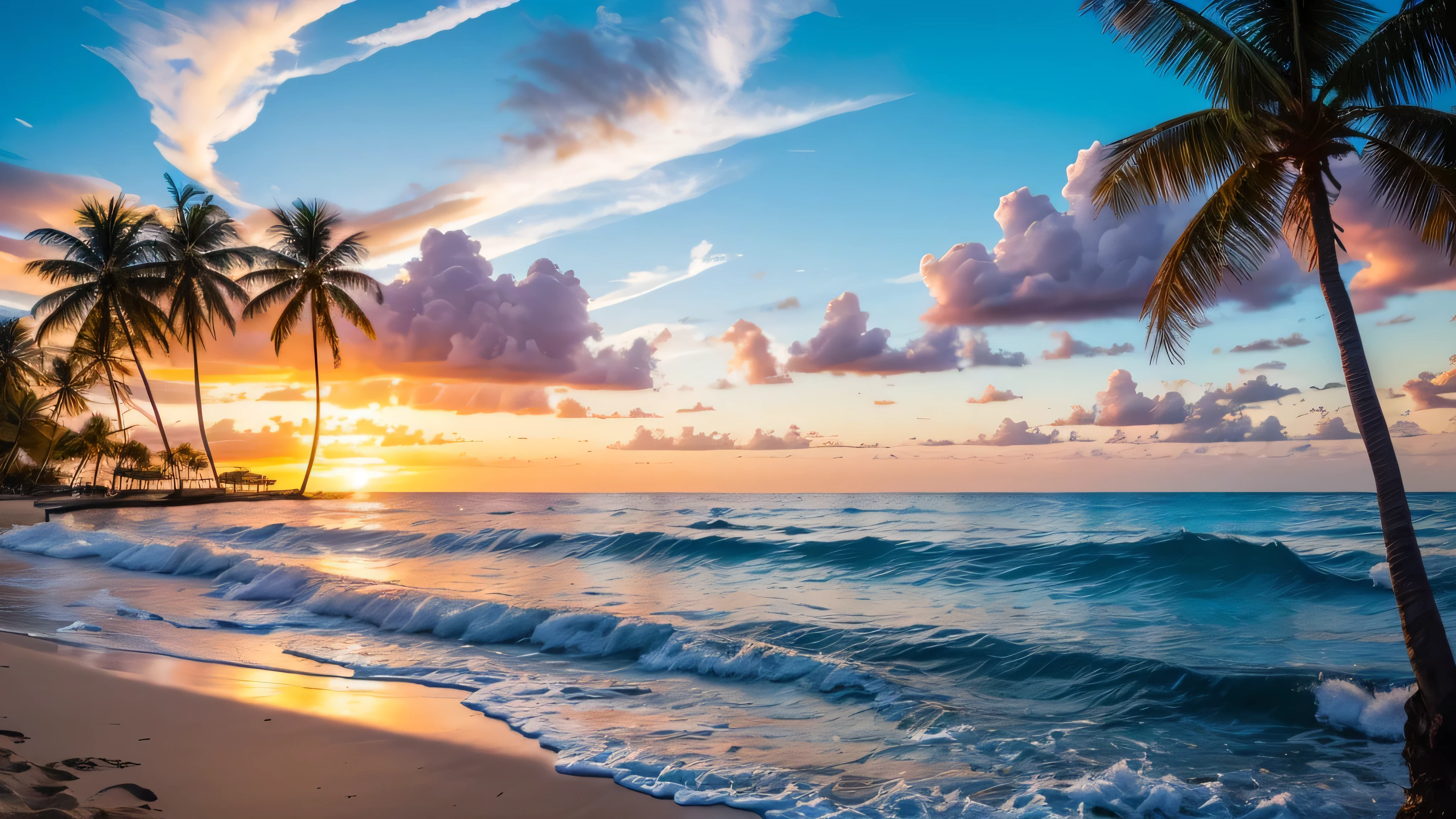 a beautiful beach with blue waters, with beautiful waves, and with palm trees, with a beautiful and big sunset