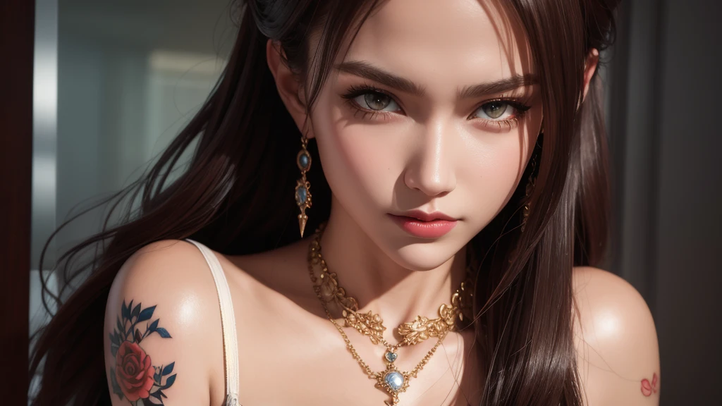 Game Art，Cg animation，Best image quality，Maximum resolution，8K，(A half-length photo)，(portrait)，(Head close-up)，(Rule of Thirds)，Unreal Engine 5 rendering works，20 year old girl，((Queen))，The eyes are very detailed，(Large Breasts)，Elegance and nobility，Movie Lighting，Ray Tracing，Game CG，((3D Unreal Engine))，OC rendering reflection pattern，4K，Ultra-clear，Translucent lace，Fair and plump figure，Pretty Face，Glossy Gel Coat，The Queen in a luxurious dress，Necklace jewelry，intricate tattoo designs，The tattoo is very delicate，goddess，Large breasts，Steel bracelet on arm，Turn one eye and close one eye