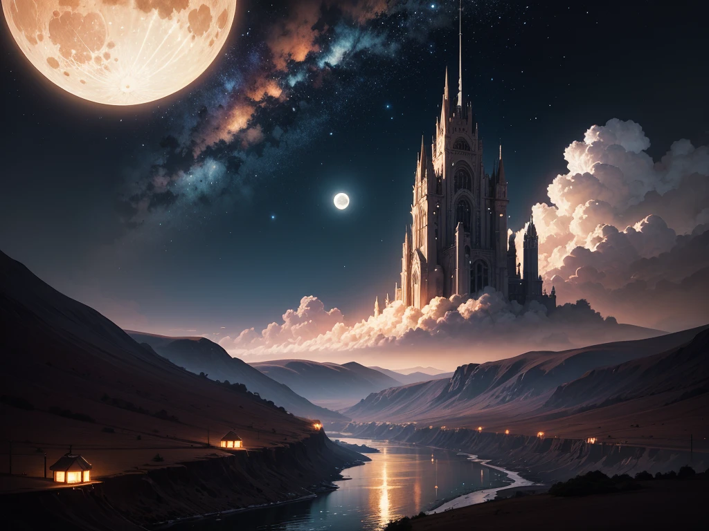 Painting of a river with stars and moon floating in the sky, Concept art inspired by Tosa Mitsuoki, pixiv Contest Winner, Highest quality, Fantasy art, Beautiful anime scene, Golden Moon. Bright Moon, Starry Sky environment under the moonlight, Dream painting, Anime Background art, Fantasy Landscape Painting, A dreamlike night, Anime Background, Background artwork, Dreamy Art, Atmospheric anime, Starry Sky, Detail enhancement.