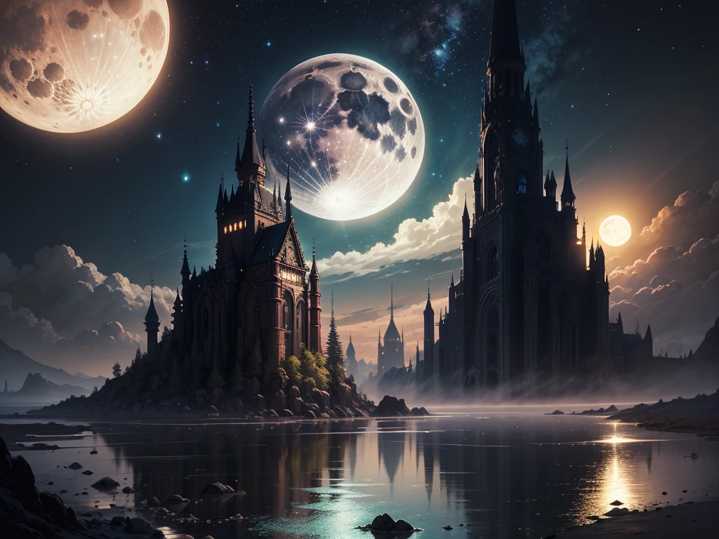 Painting of a river with stars and moon floating in the sky, Concept art inspired by Tosa Mitsuoki, pixiv Contest Winner, Highest quality, Fantasy art, Beautiful anime scene, Golden Moon. Bright Moon, Starry Sky environment under the moonlight, Dream painting, Anime Background art, Fantasy Landscape Painting, A dreamlike night, Anime Background, Background artwork, Dreamy Art, Atmospheric anime, Starry Sky, Detail enhancement.