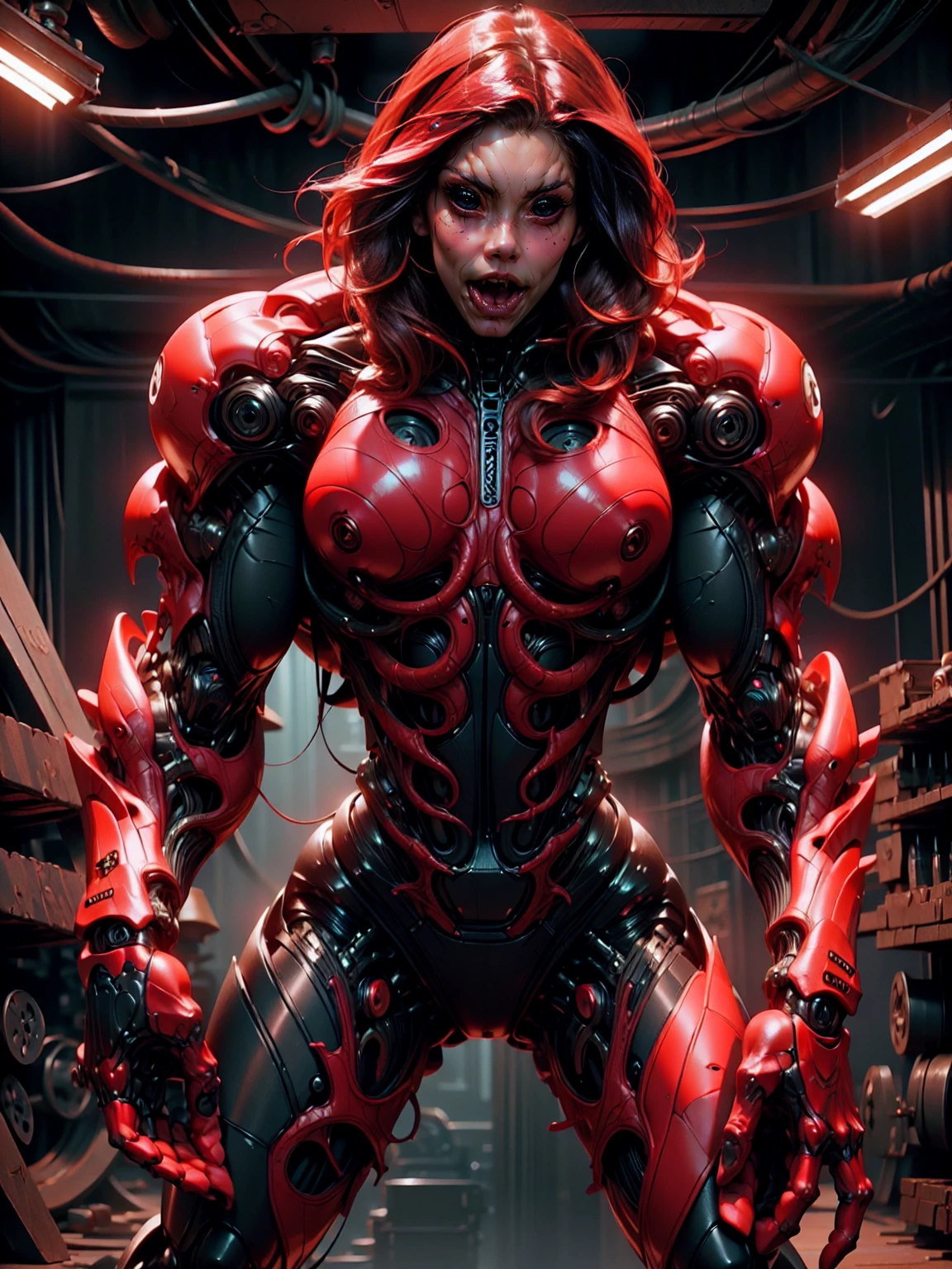 (beautiful girl:1.25), (megan fox:1.25), (young bodybuilder girl wearing cybernetic muscle suit:1.25), carnage muscular physique, seductive face, mouth wide open carnage style, long red hair, perfect muscular body, super skinny legs, sissy, femboy, (carnage style physique)