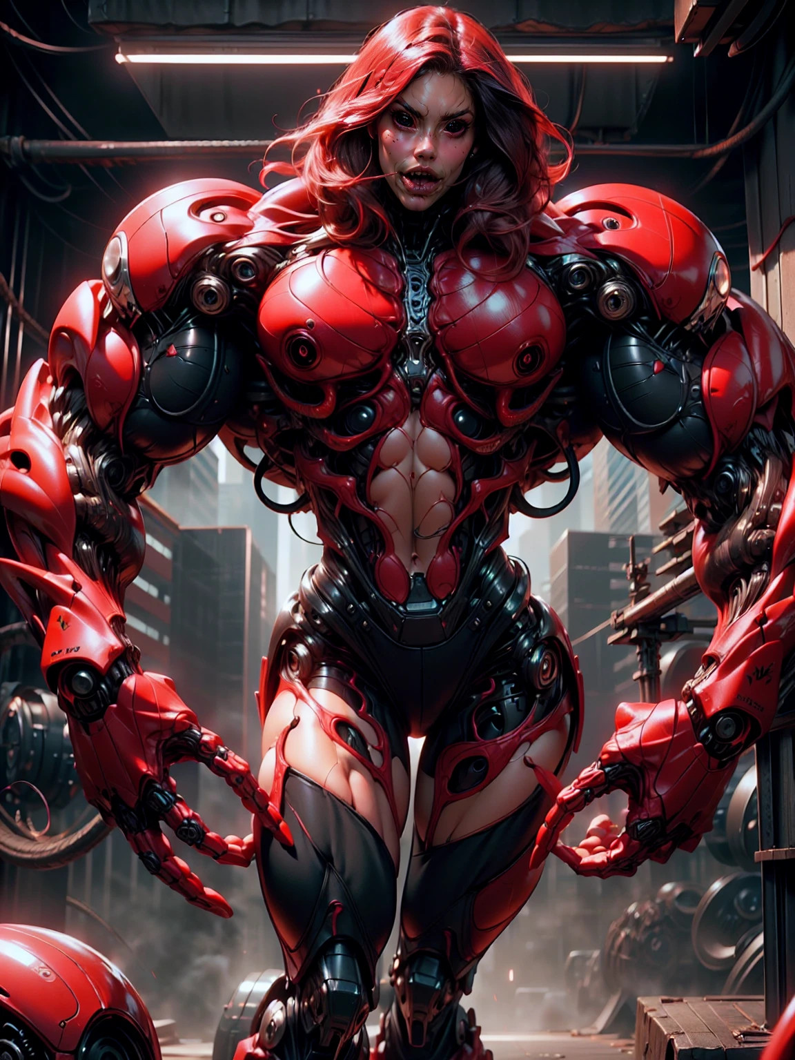 (beautiful girl:1.25), (megan fox:1.25), (young bodybuilder girl wearing cybernetic muscle suit:1.25), carnage muscular physique, seductive face, mouth wide open carnage style, long red hair, perfect muscular body, super skinny legs, sissy, femboy, (carnage style physique)